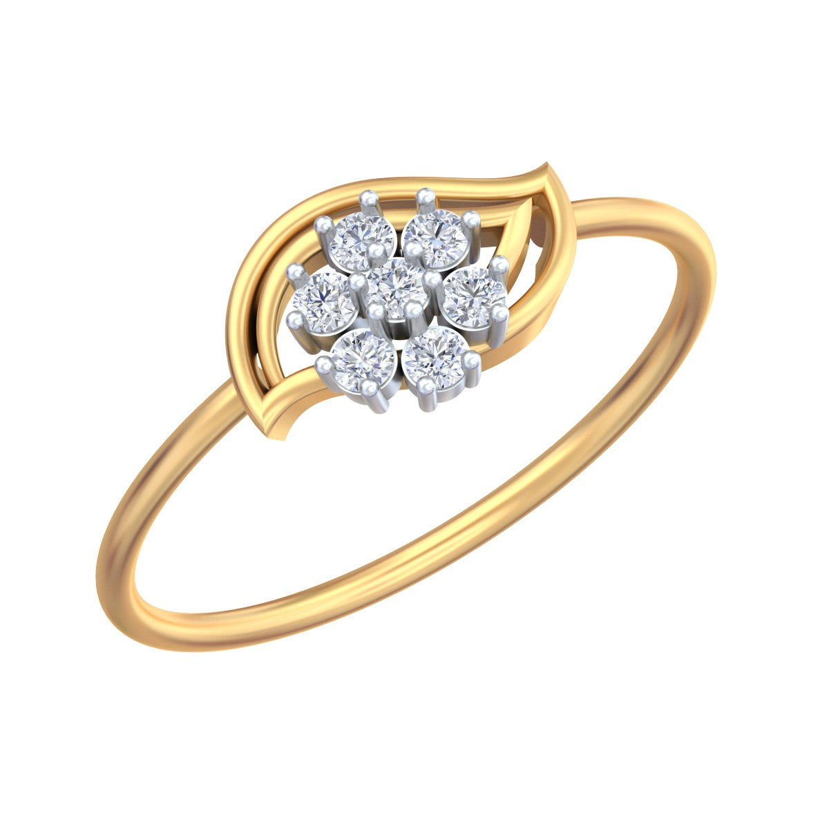 Yellow gold and diamond with floral cluster setting on a white background.