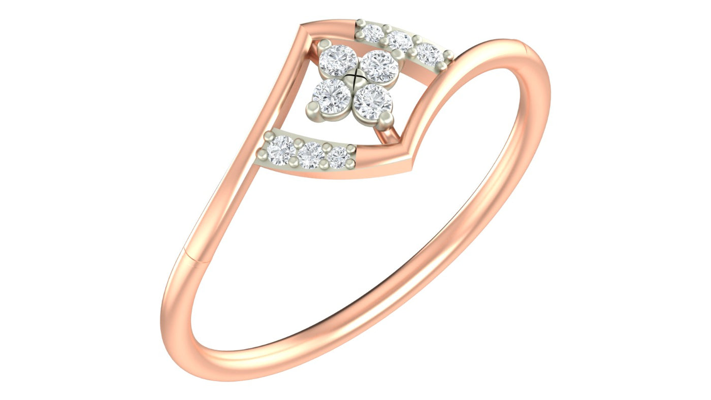 Rose gold ring with diamond accents on a white background