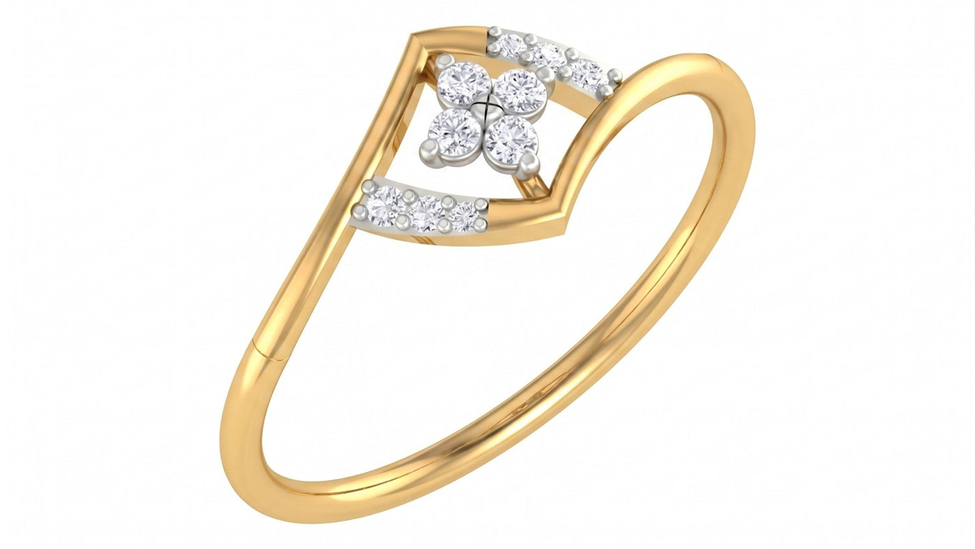 Yellow gold ring with diamond accents on a white background