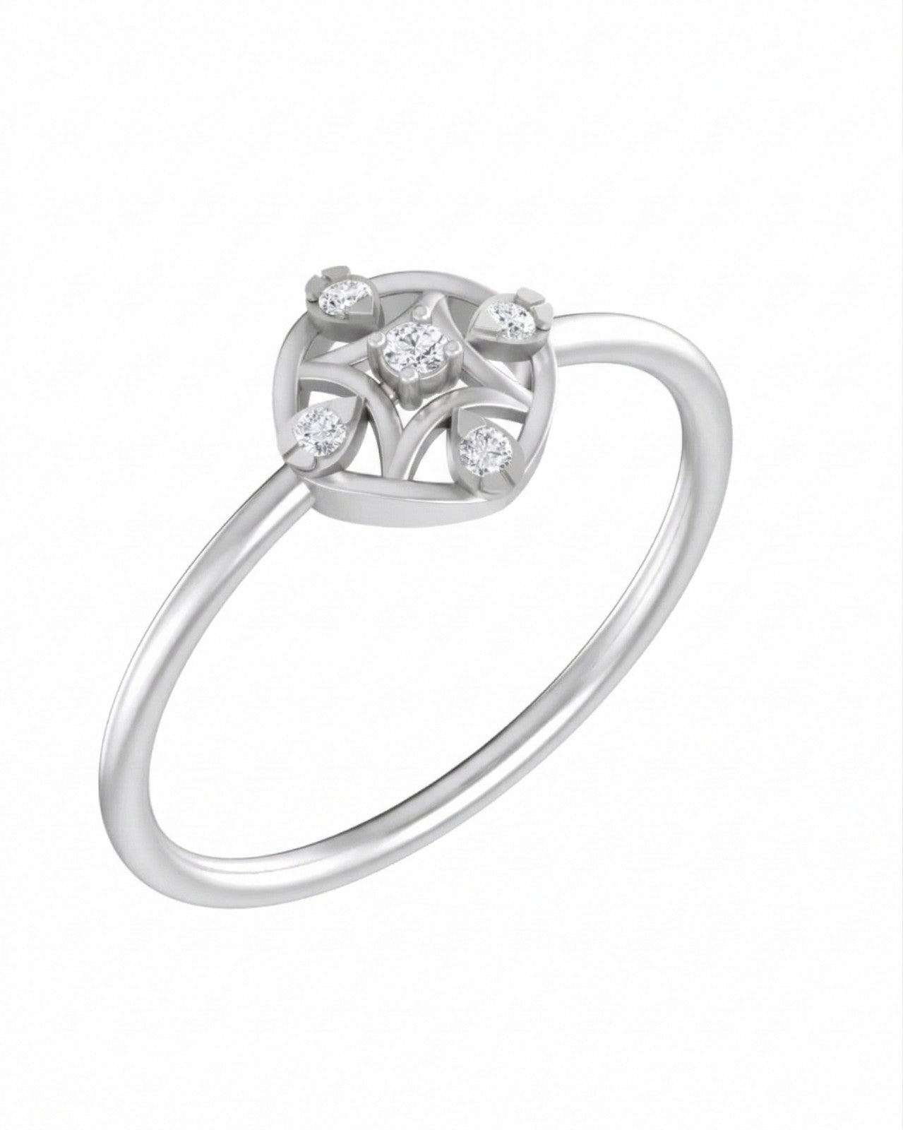White gold ring with diamond accents on a white background
