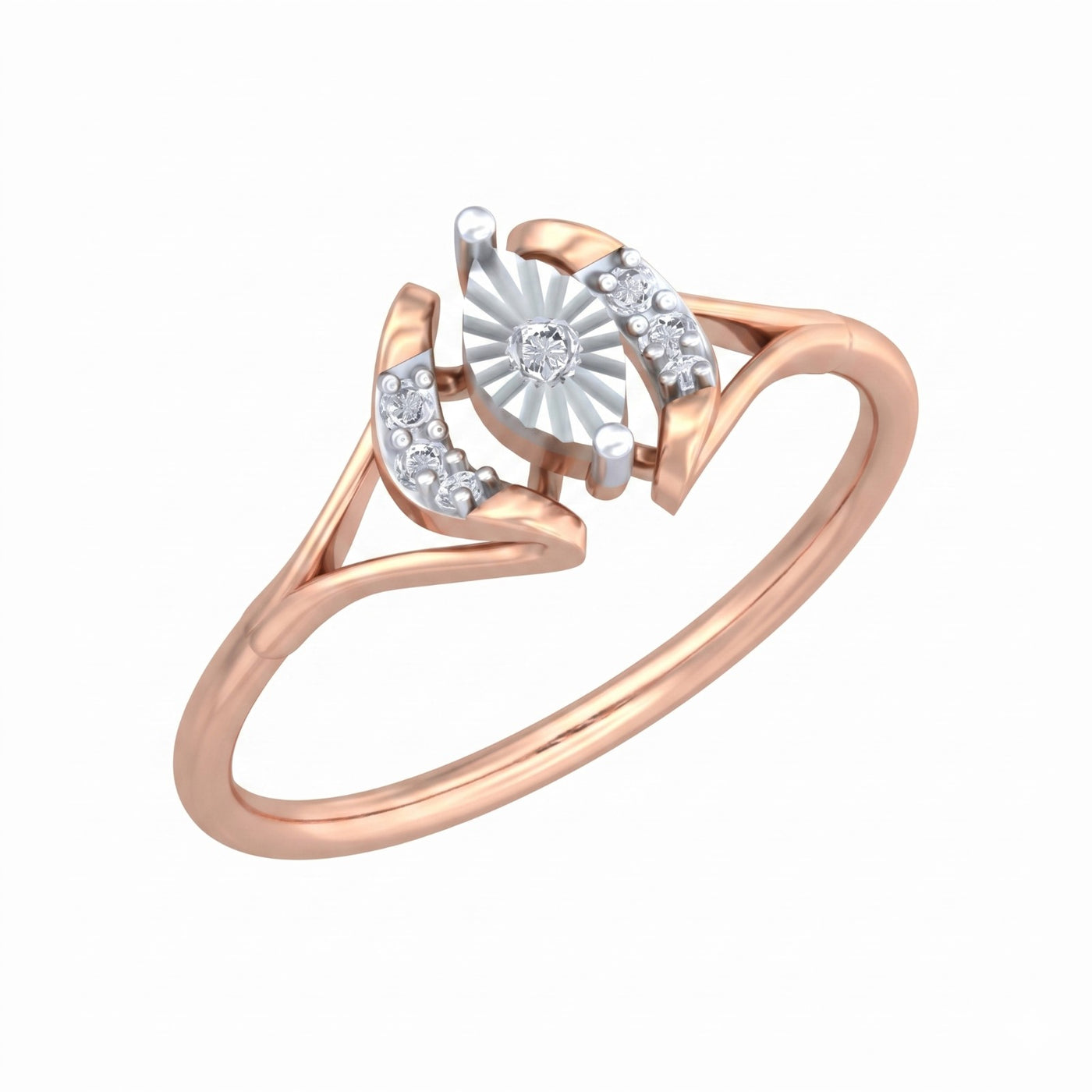 Rose gold and diamond women's ring on a white background.