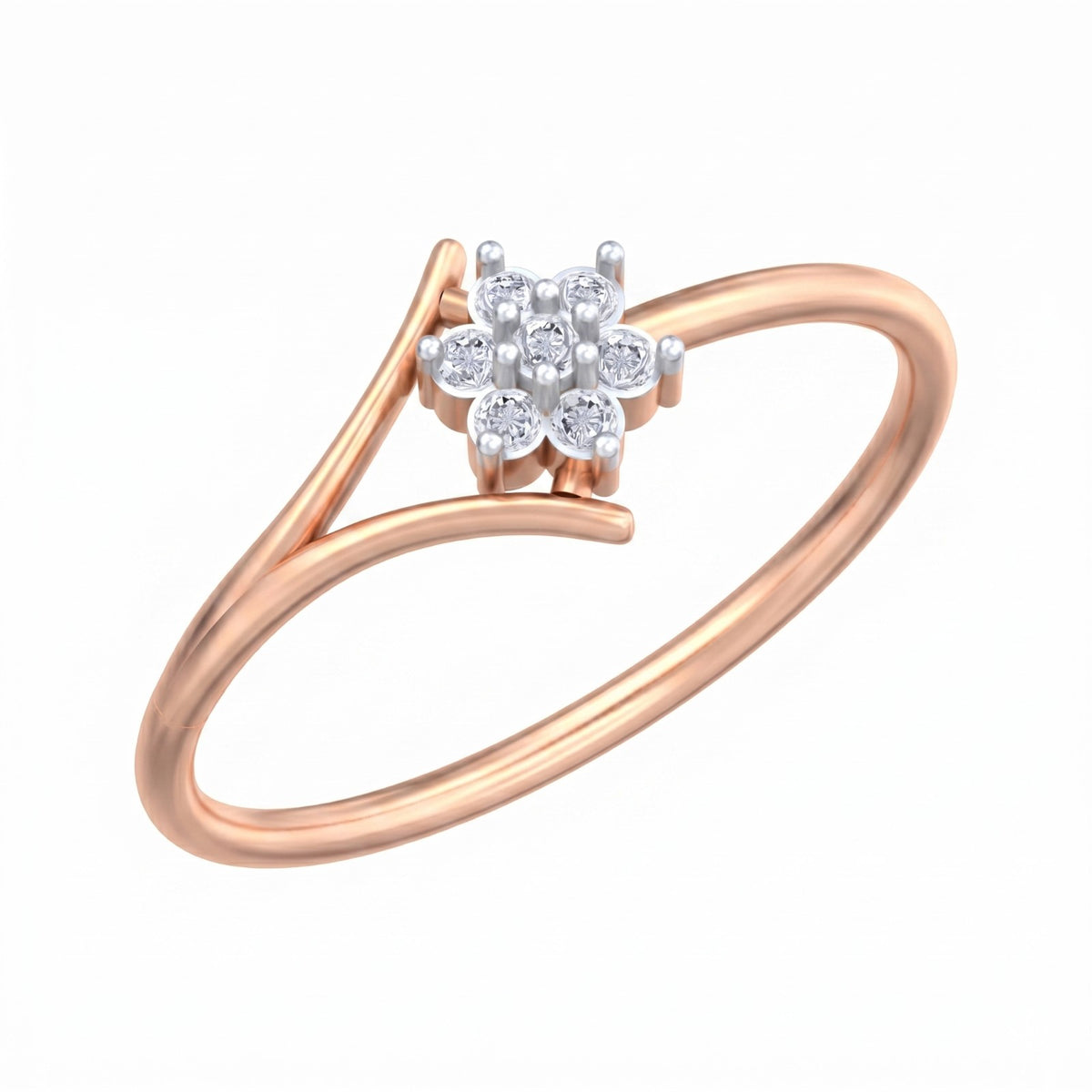 Rose gold and diamond with floral cluster on a white background.