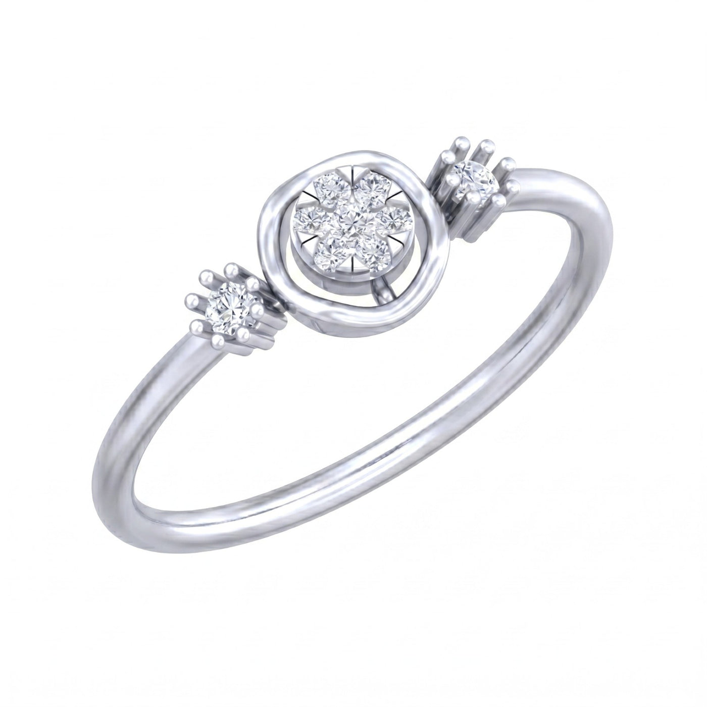 A white gold ring with a central round diamond cluster, shown on a plain white background.