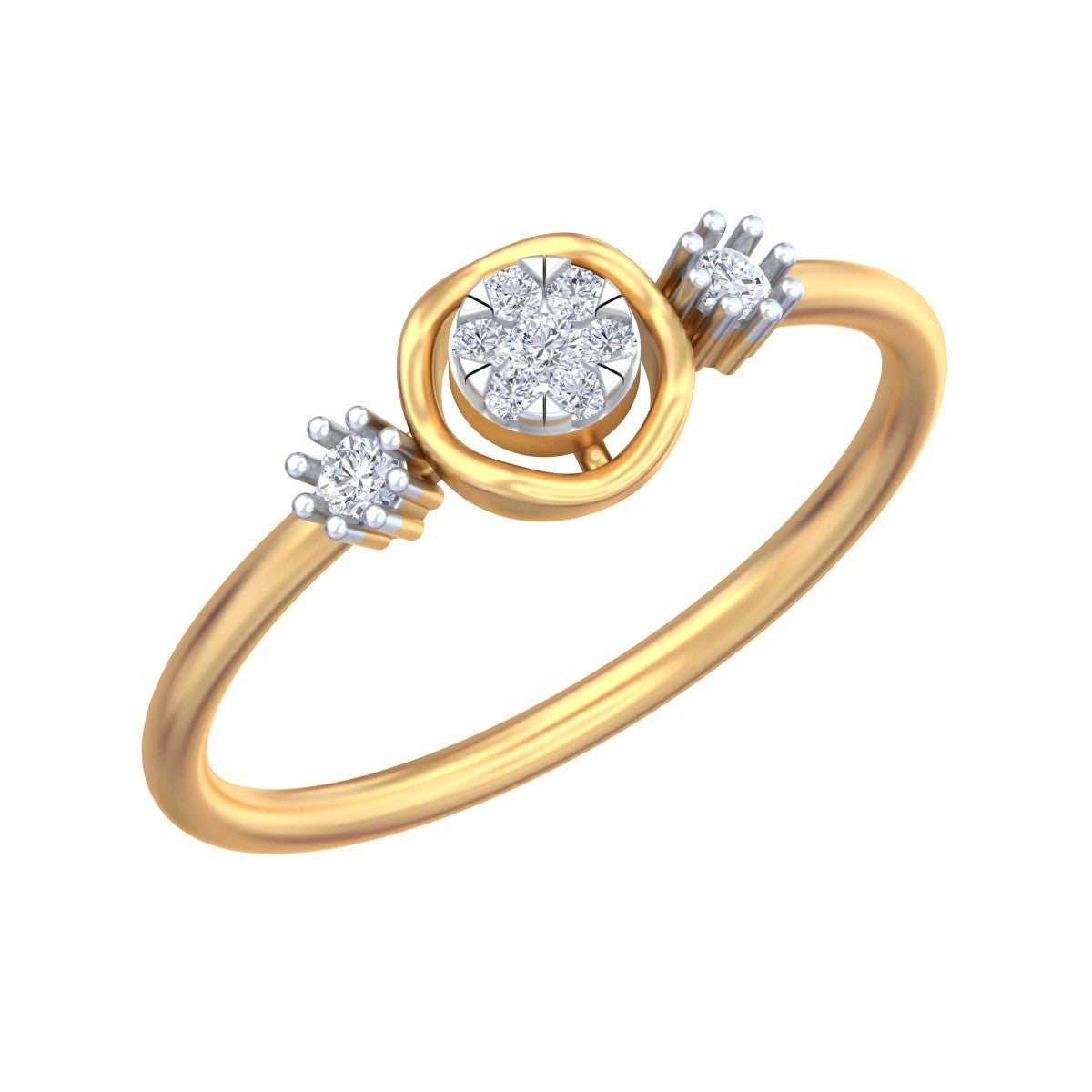 A yellow gold ring with a central round diamond cluster, shown on a plain white background.