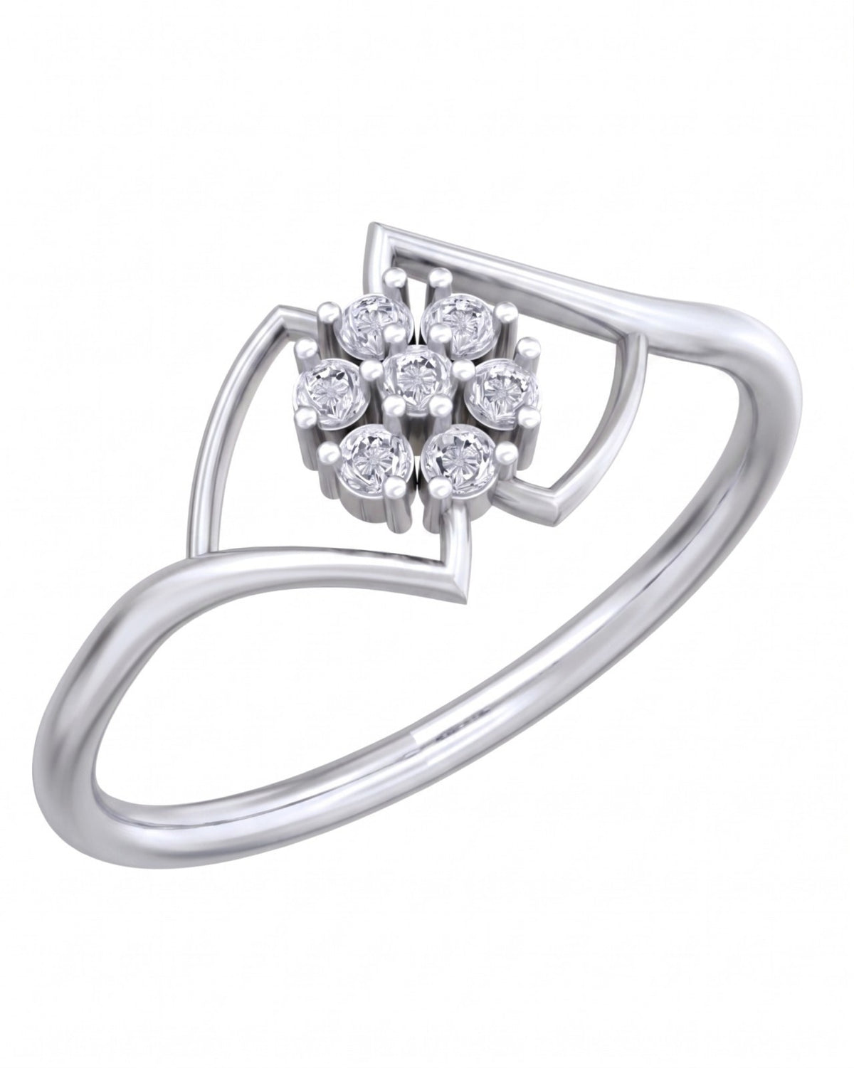 White gold and diamond with floral cluster setting on a white background.