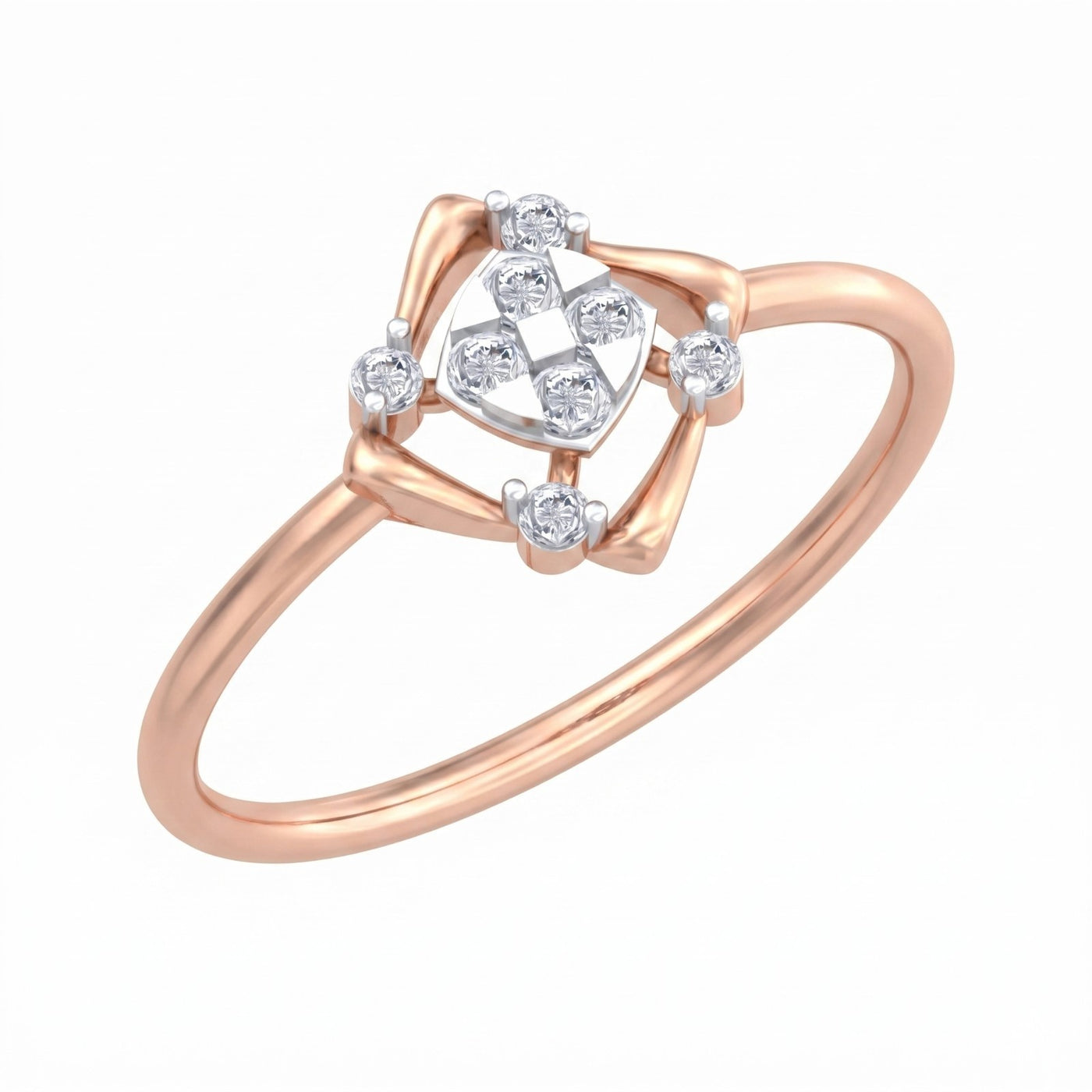 A rose gold ring featuring a geometric openwork design with a central cluster, shown on a plain white background.