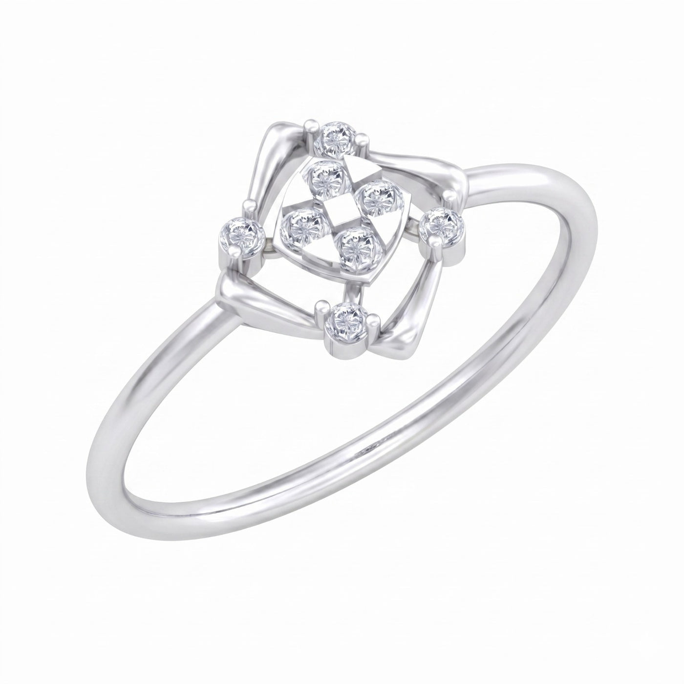 A white gold ring featuring a geometric openwork design with a central cluster, shown on a plain white background.
