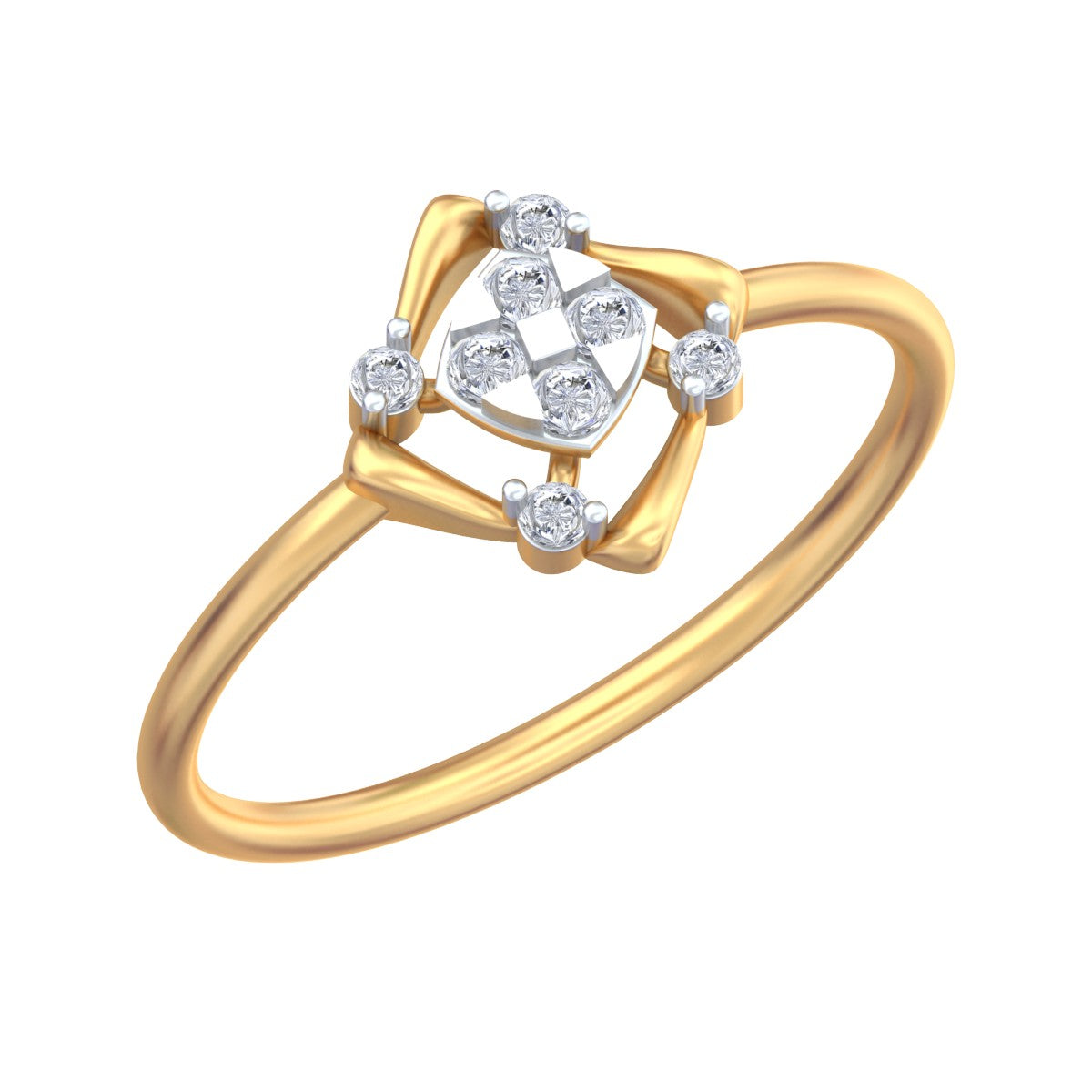 A yellow gold ring featuring a geometric openwork design with a central cluster, shown on a plain white background.