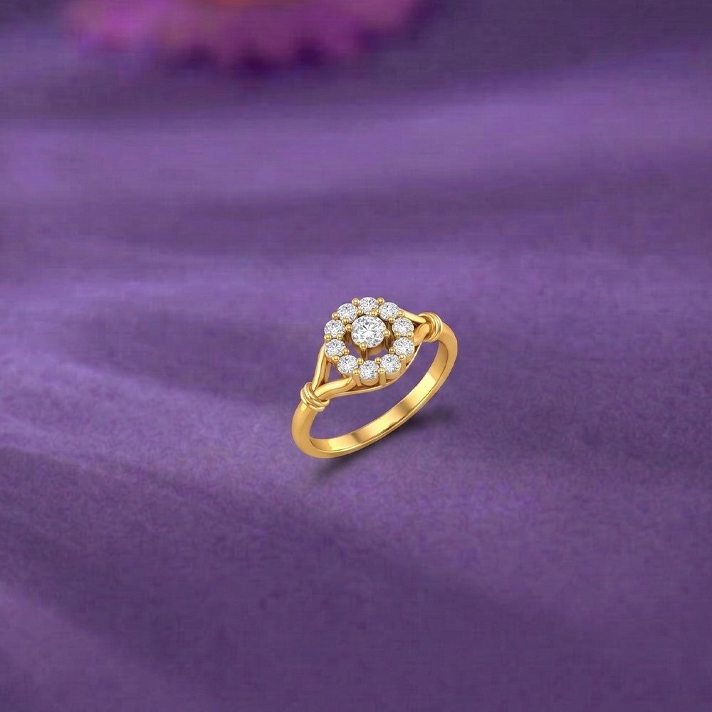Gold and diamond with floral design on a purple surface.