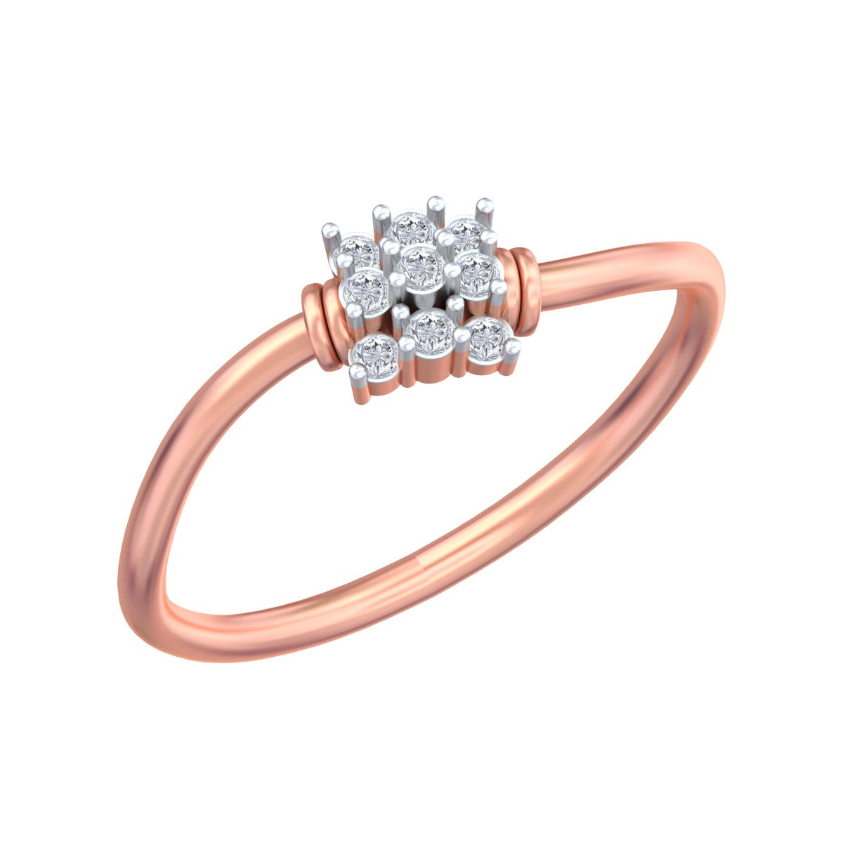 Rose gold ring with diamond cluster on a white background.