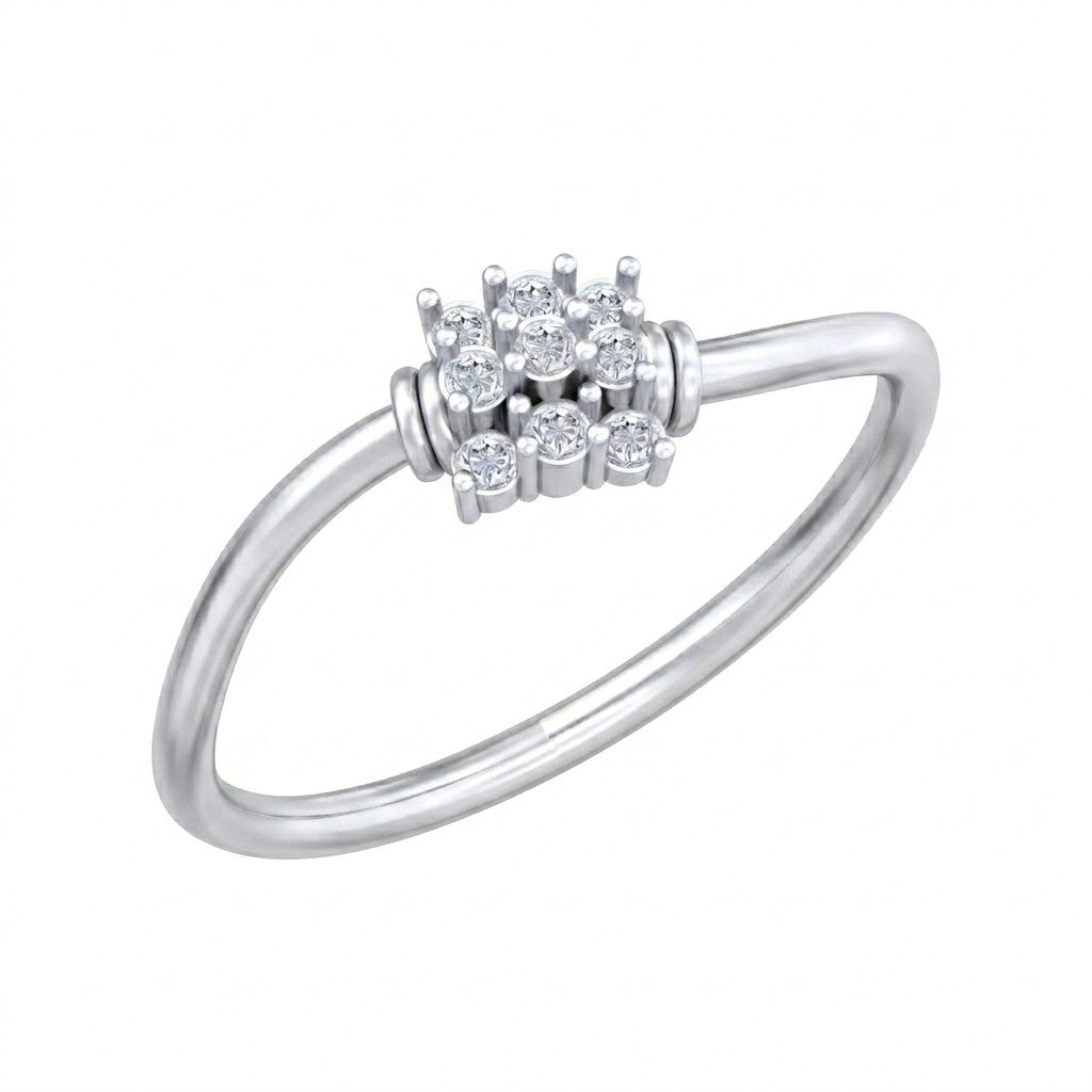 White gold ring with diamond cluster on a white background