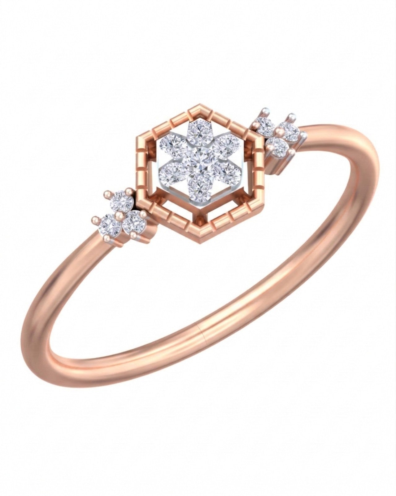 A rose gold ring featuring a hexagonal setting with a central cluster, shown on a plain white background.