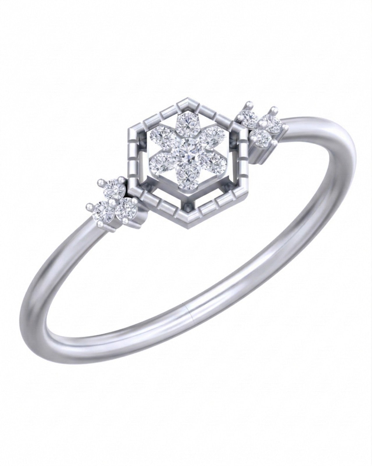 A white gold ring featuring a hexagonal setting with a central cluster, shown on a plain white background.