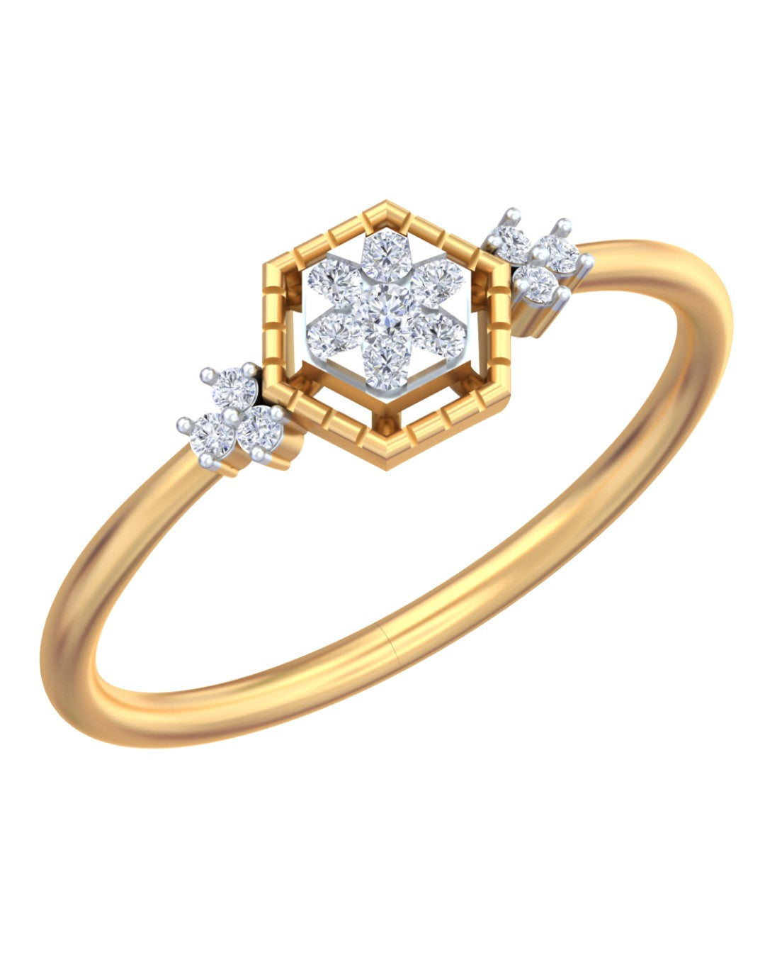 A yellow gold ring featuring a hexagonal setting with a central cluster, shown on a plain white background.