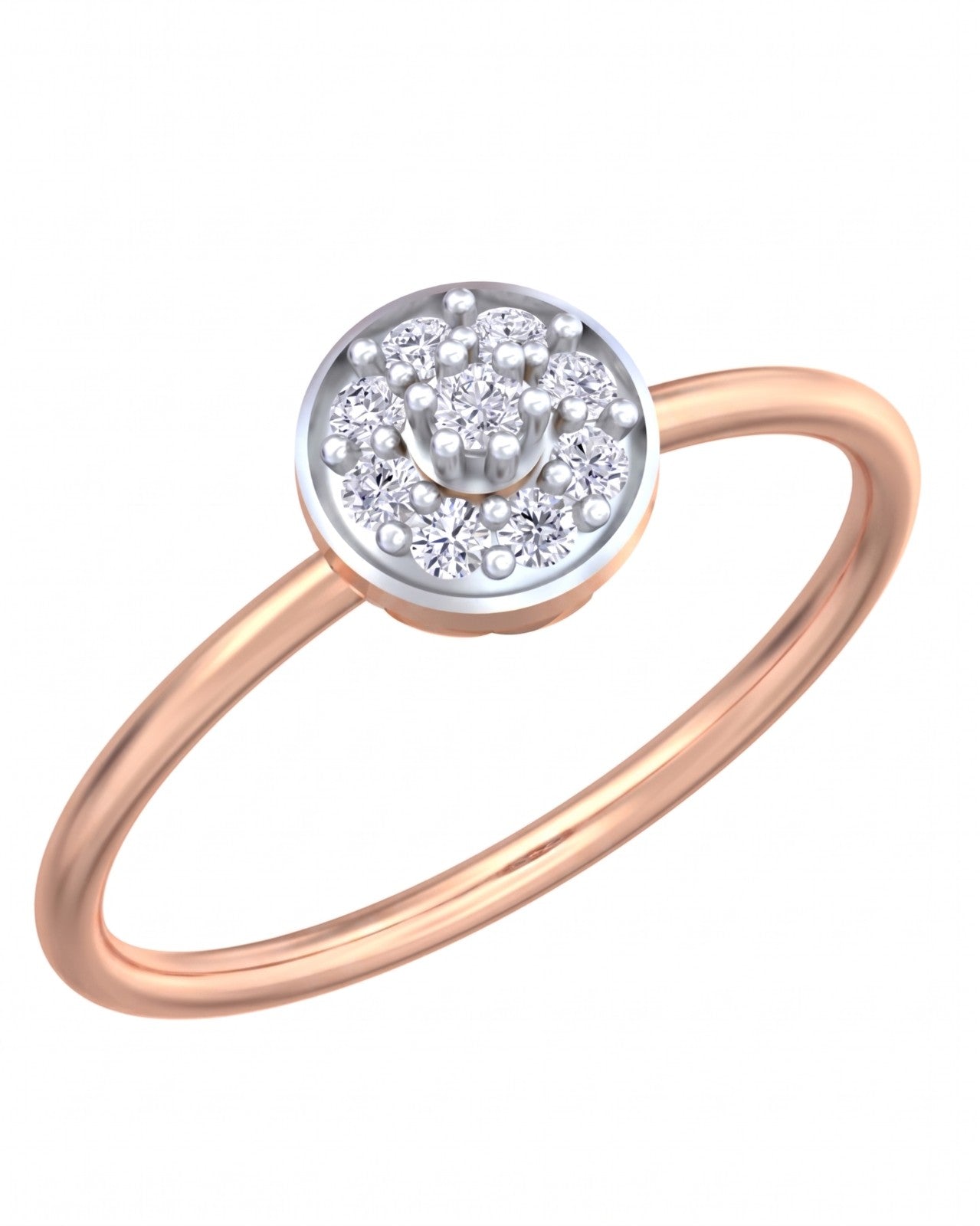 Rose gold and diamond with circular cluster setting on a white background.