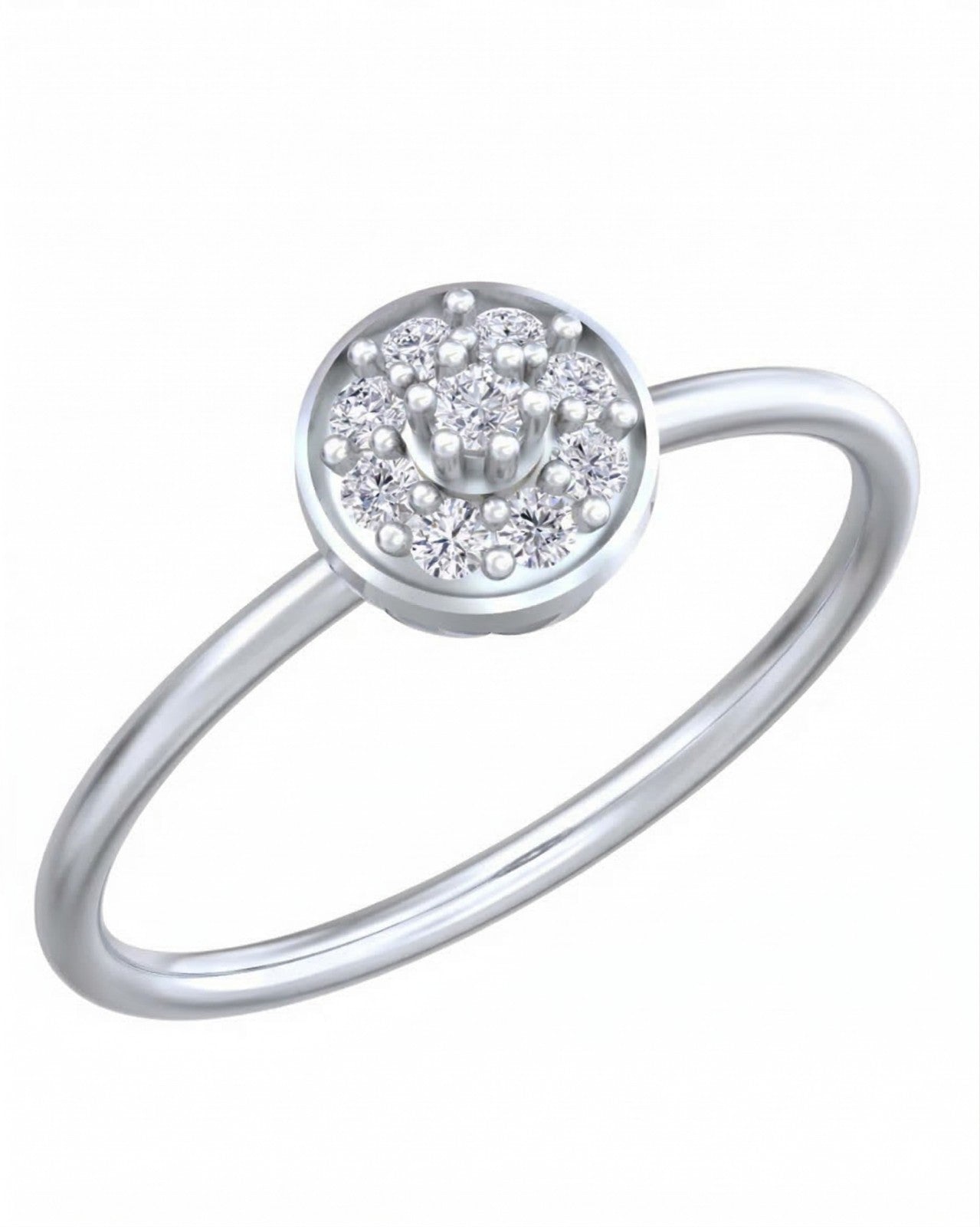 White gold and diamond with circular cluster setting on a white background.