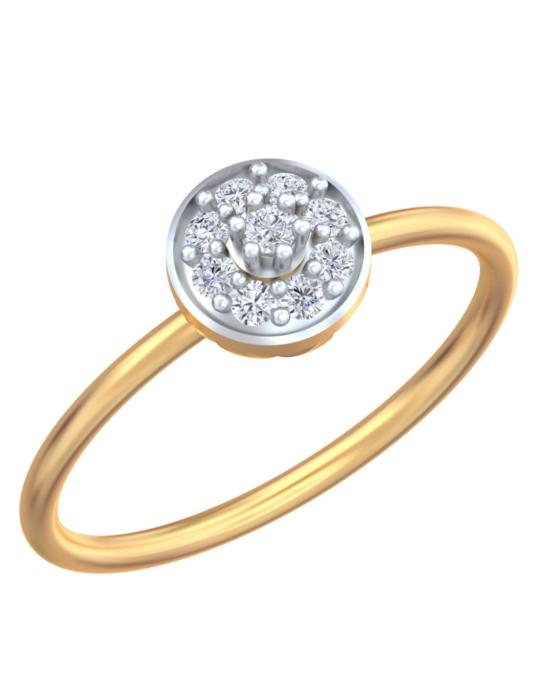 Yellow gold and diamond with circular cluster setting on a white background.
