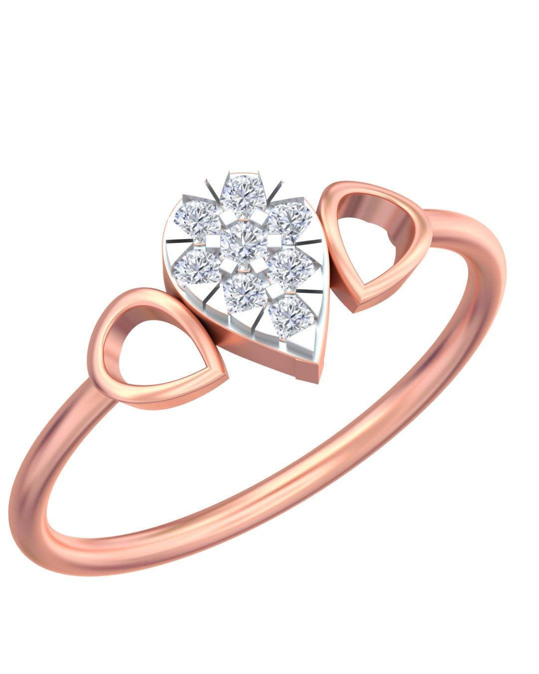 Rose gold and diamond ring with a teardrop-shaped cluster design on a white background