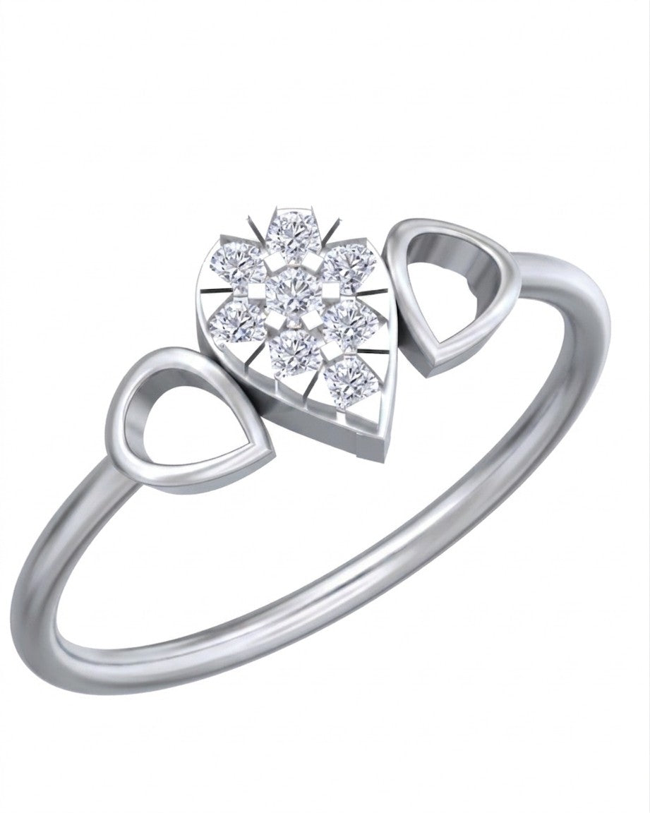 White gold and diamond ring with a teardrop-shaped cluster design on a white background