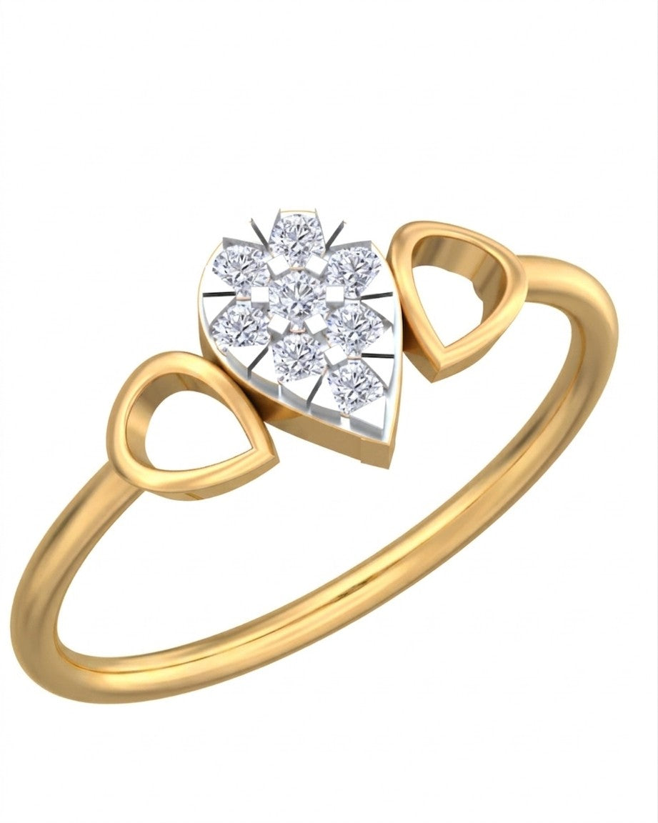 Yellow gold and diamond ring with a teardrop-shaped cluster design on a white background