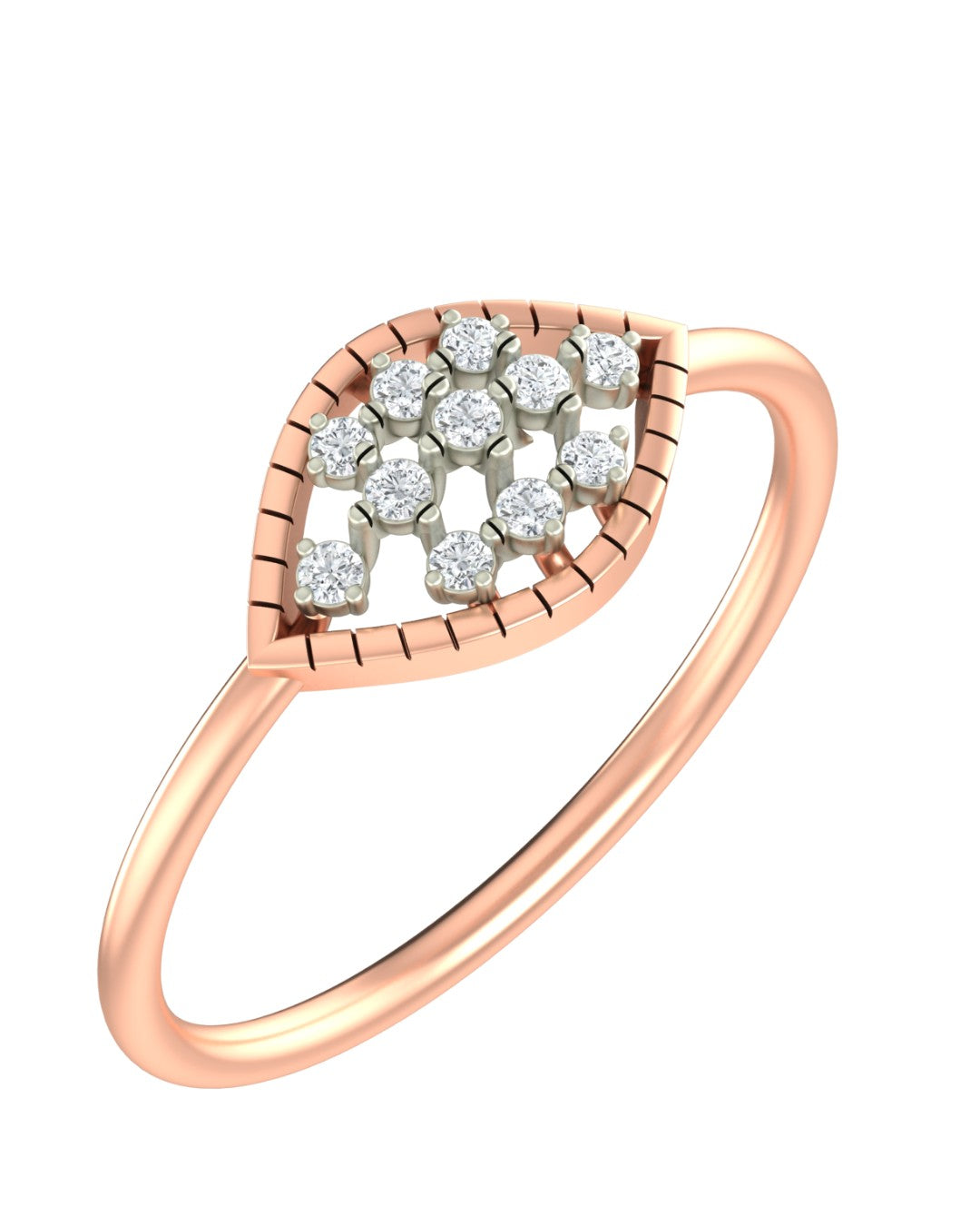 A rose gold and diamond ring featuring a leaf-shaped pavé setting, shown on a plain white background.