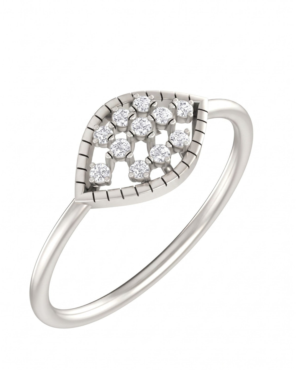 A white gold and diamond ring featuring a leaf-shaped pavé setting, shown on a plain white background.