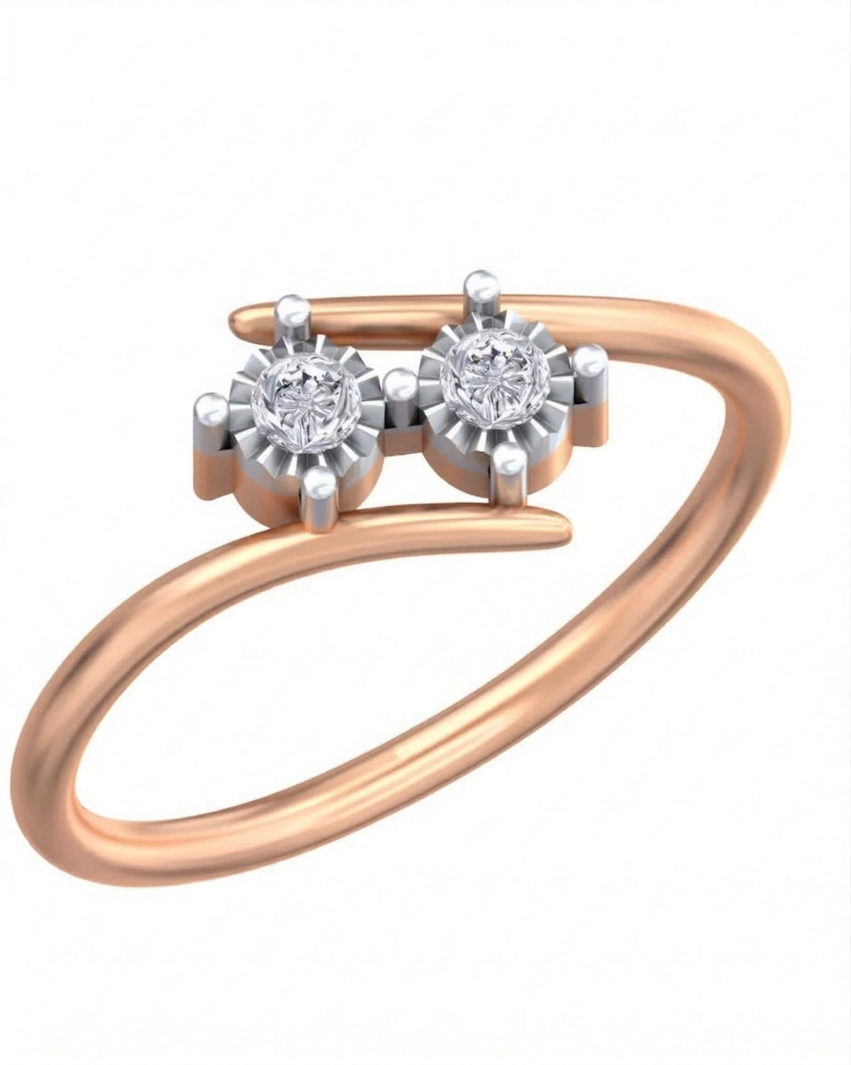 Rose gold and diamond women's ring on a white background.