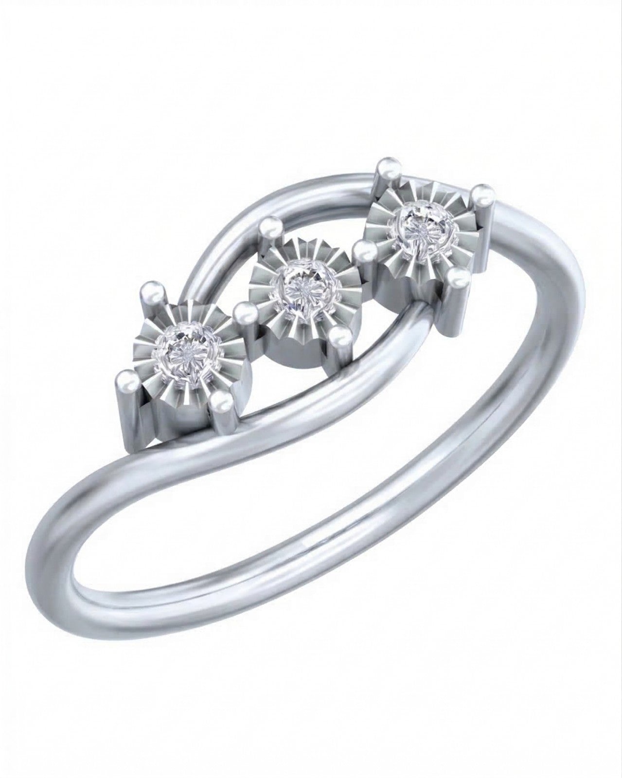 White gold ring with three diamond-like stones on a white background.