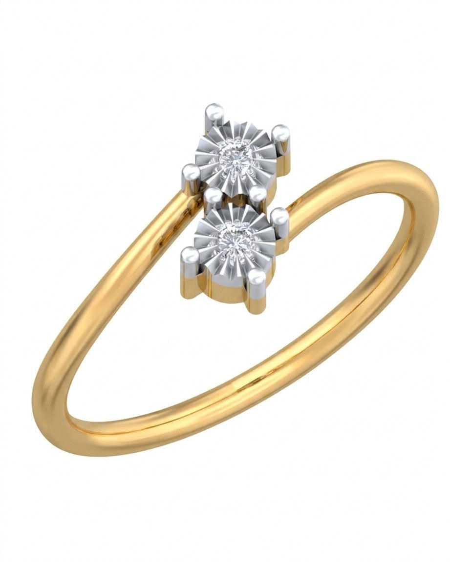 A yellow gold ring with a double diamond setting, shown against a plain white background.