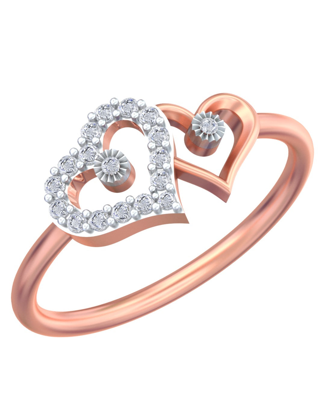 Rose gold and diamond with heart-shaped ring on a white background.
