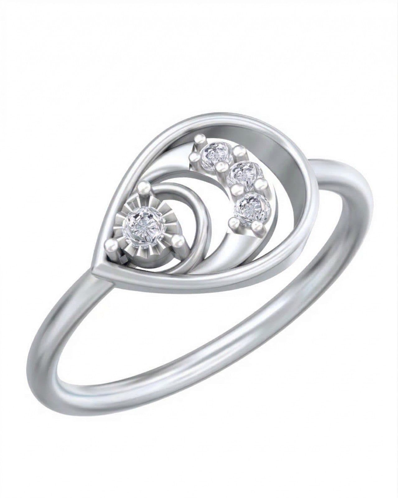 A white gold ring featuring a stylized  design, set against a plain white background.