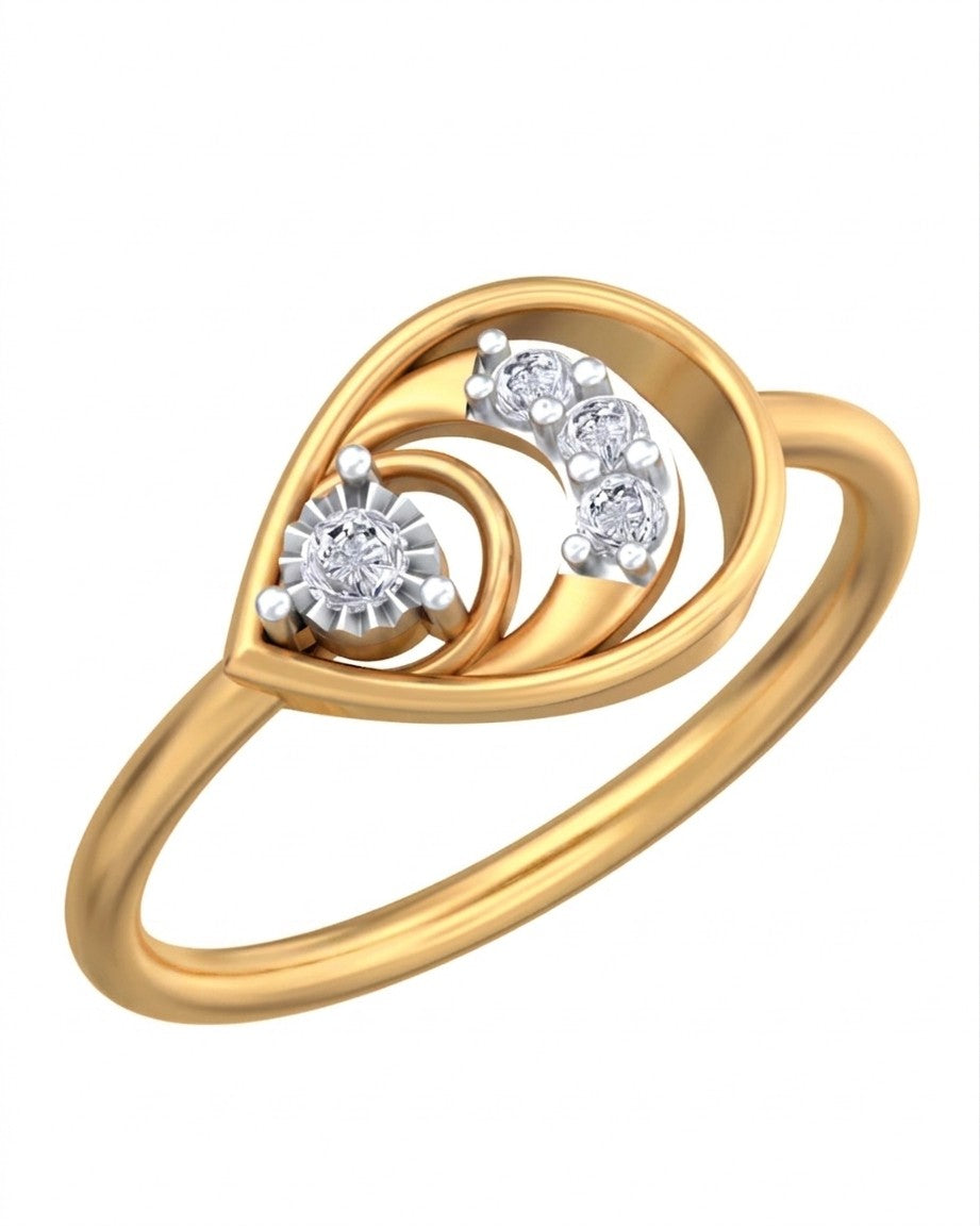A yellow gold ring featuring a stylized  design, set against a plain white background.