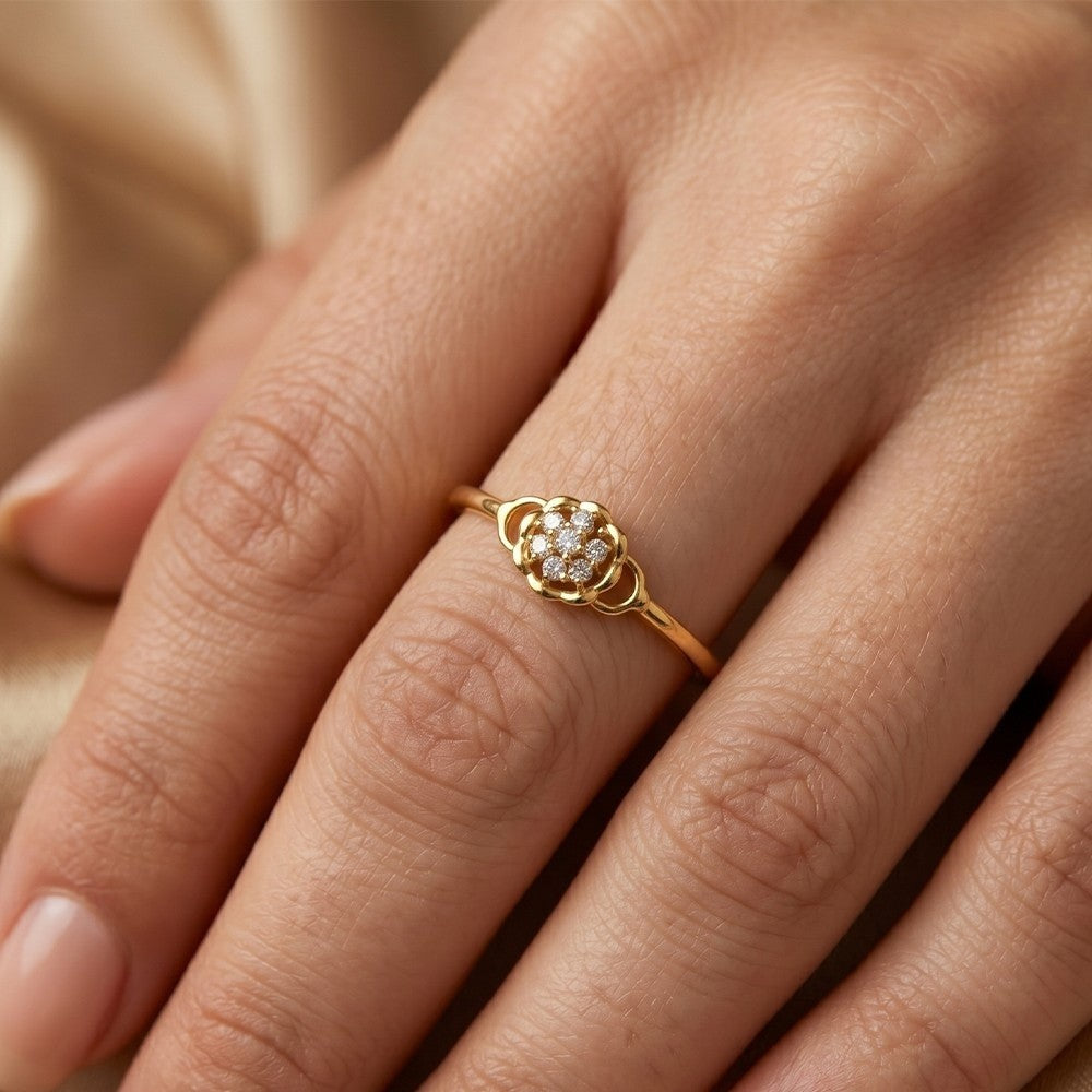 Close-up shot of a gold ring featuring a central cluster ring