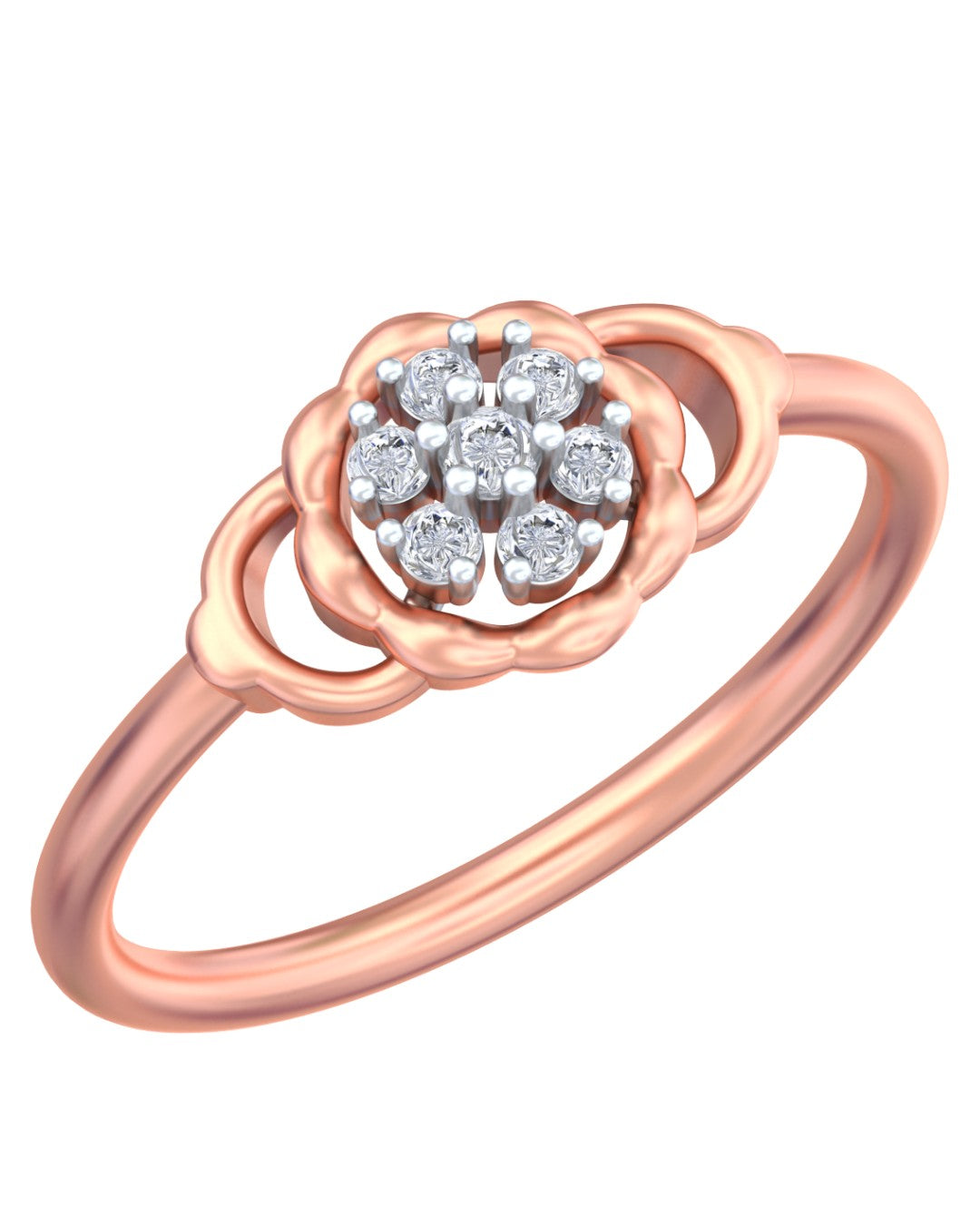 A rose gold ring featuring a central cluster, set against a plain white background.