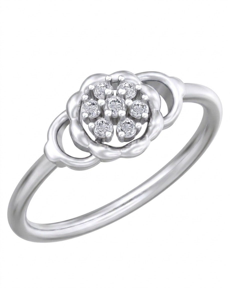 A white gold ring featuring a central cluster, set against a plain white background.