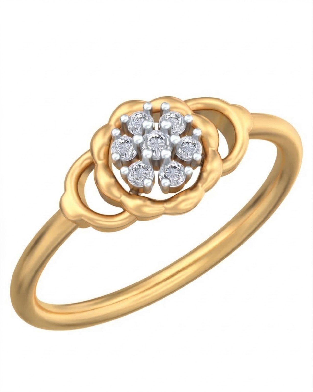 A yellow gold ring featuring a central cluster, set against a plain white background.