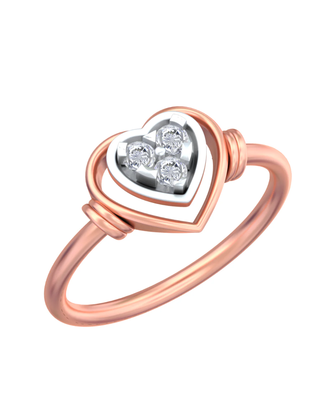 Rose gold ring with a heart-shaped diamond setting on a white background.