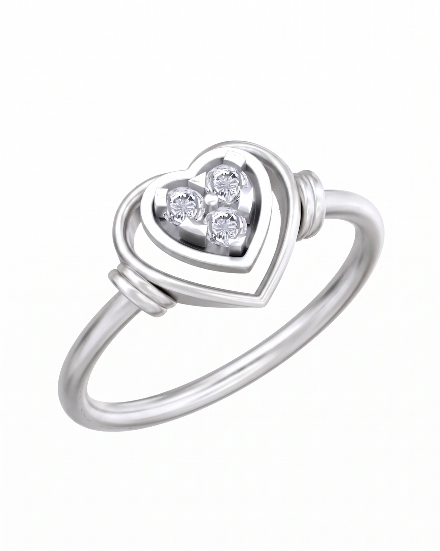 White gold ring with a heart-shaped diamond setting on a white background.