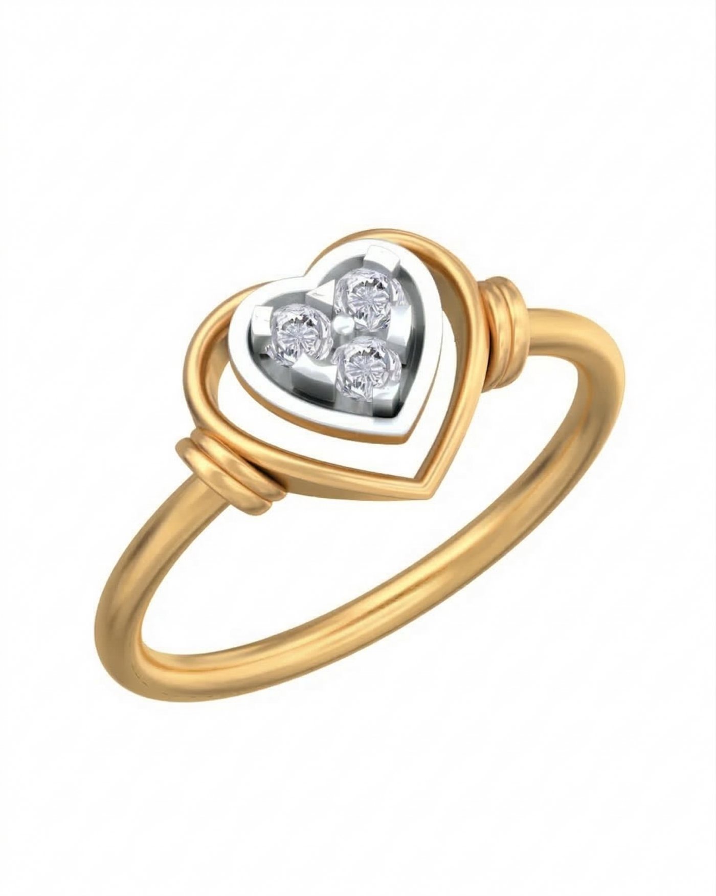 Yellow gold ring with a heart-shaped diamond setting on a white background.
