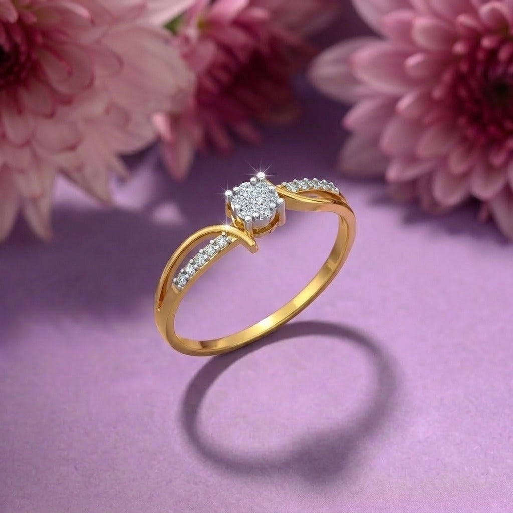 A yellow gold ring with a round-cut clear center stone, displayed on a lavender surface.