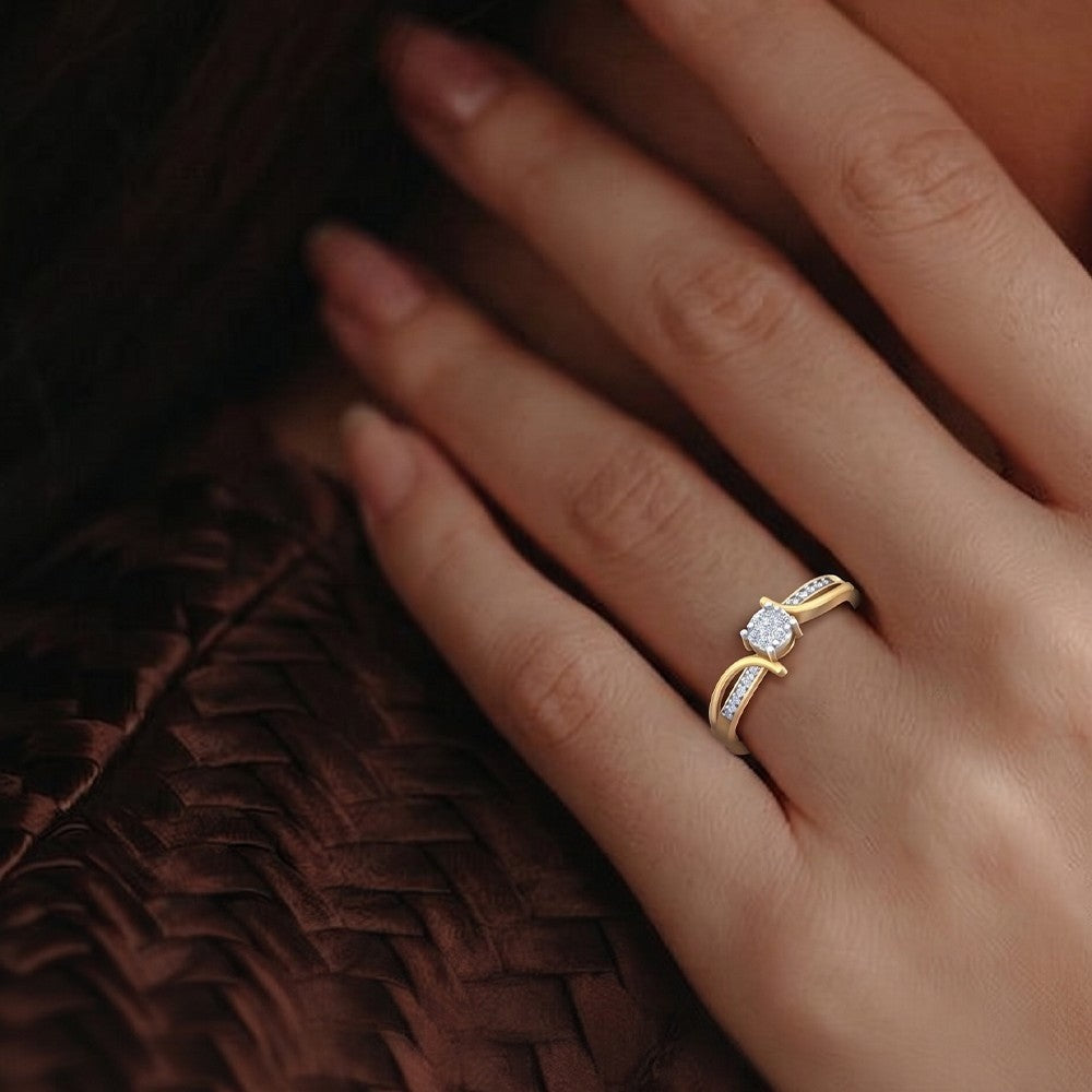 Gold ring with a diamond on a person's finger against a brown textured background.