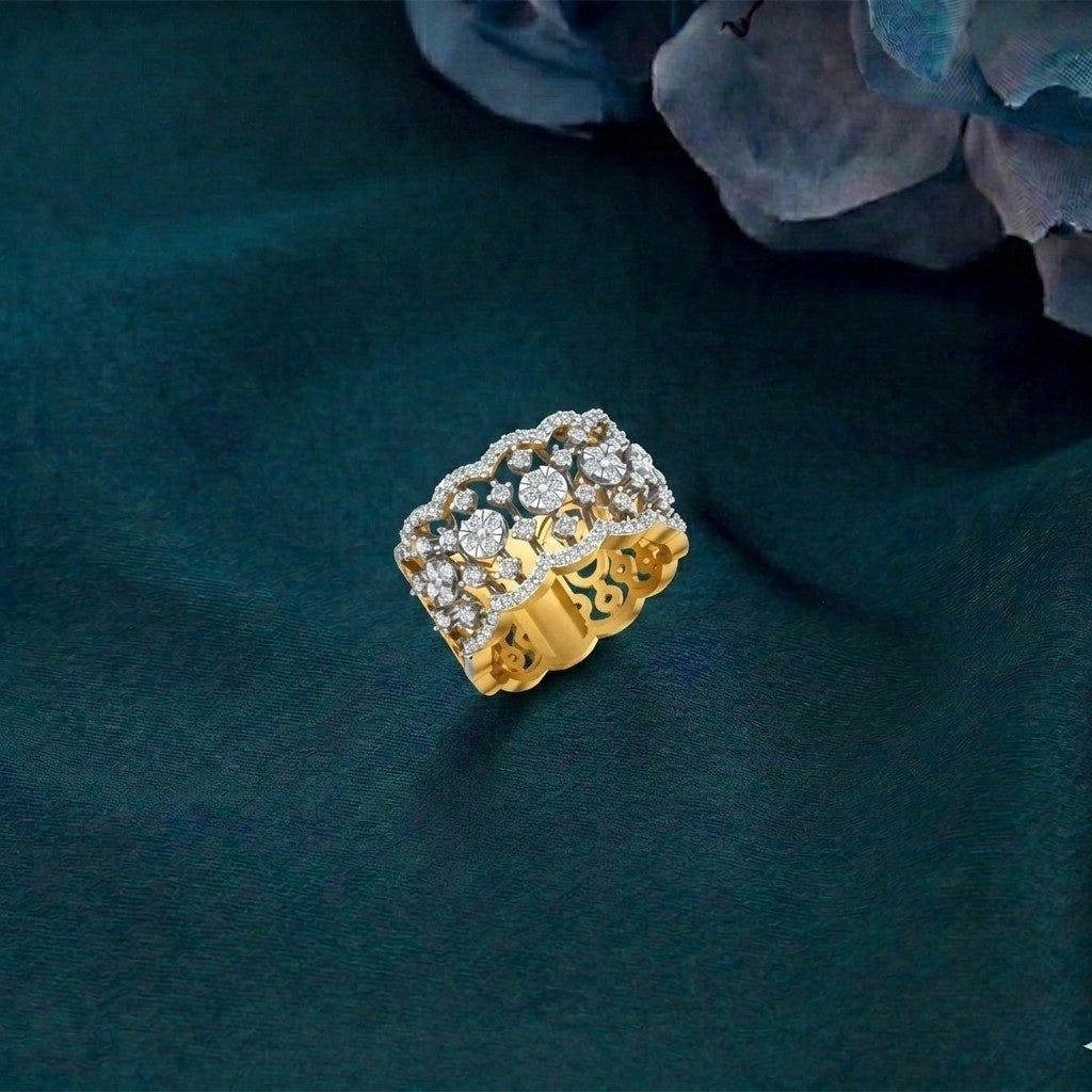 Gold ring with diamonds on a textured green surface