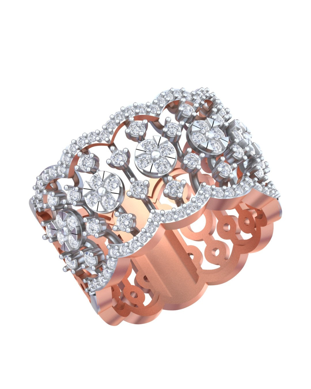 A rose gold band ring with clear round, featuring an ornate openwork floral on a plain white background.