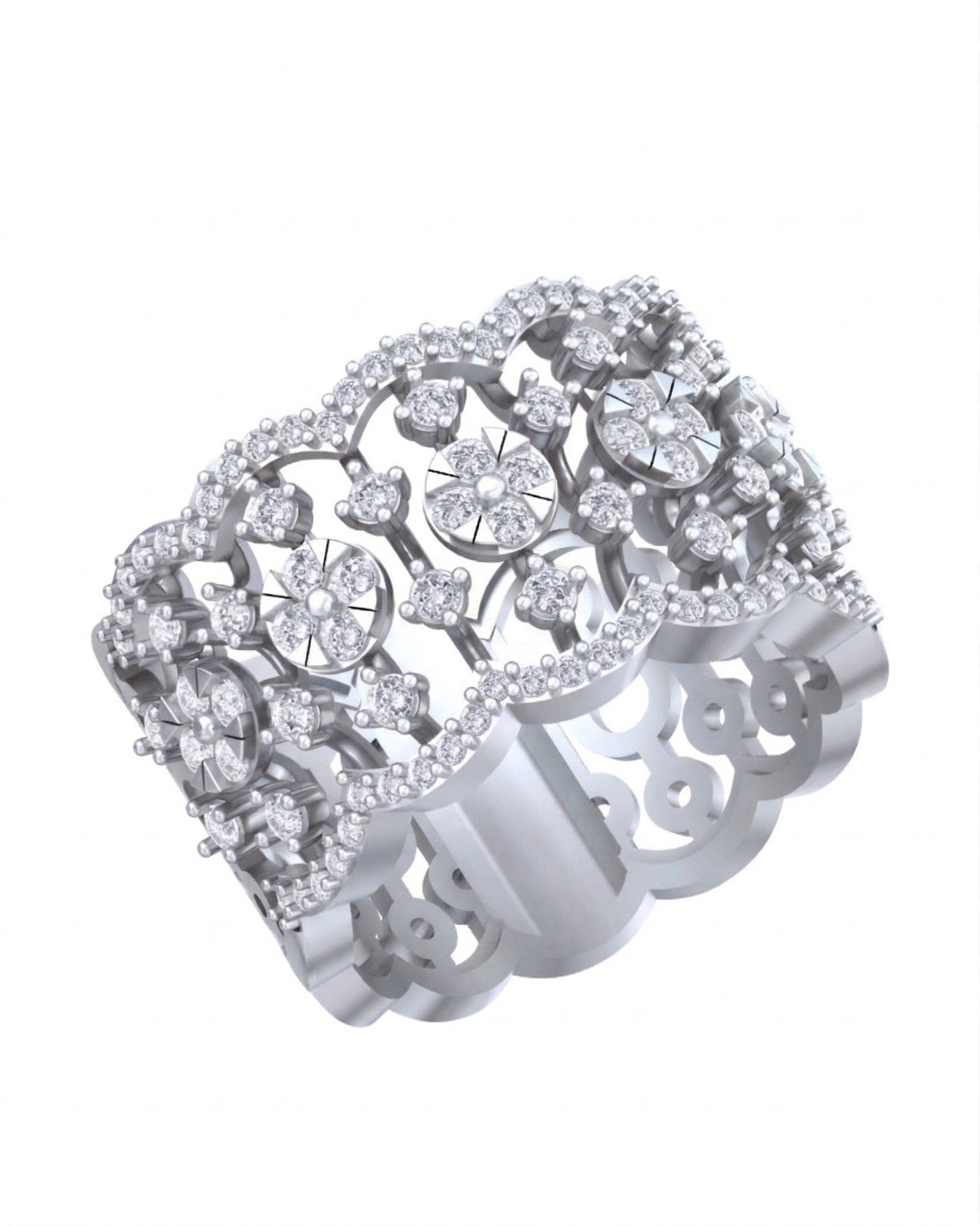 A white gold band ring with clear round, featuring an ornate openwork floral on a plain white background.