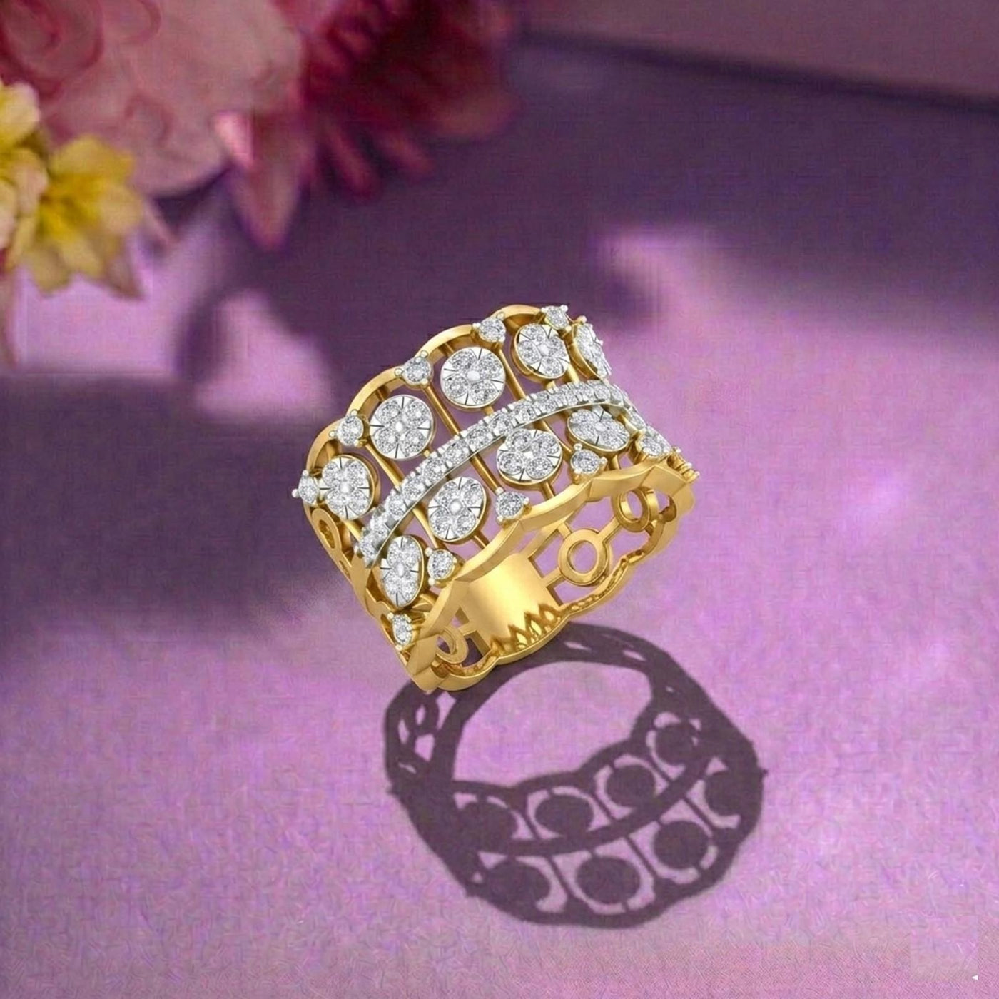 Gold and diamond with cocktail design on a purple surface.