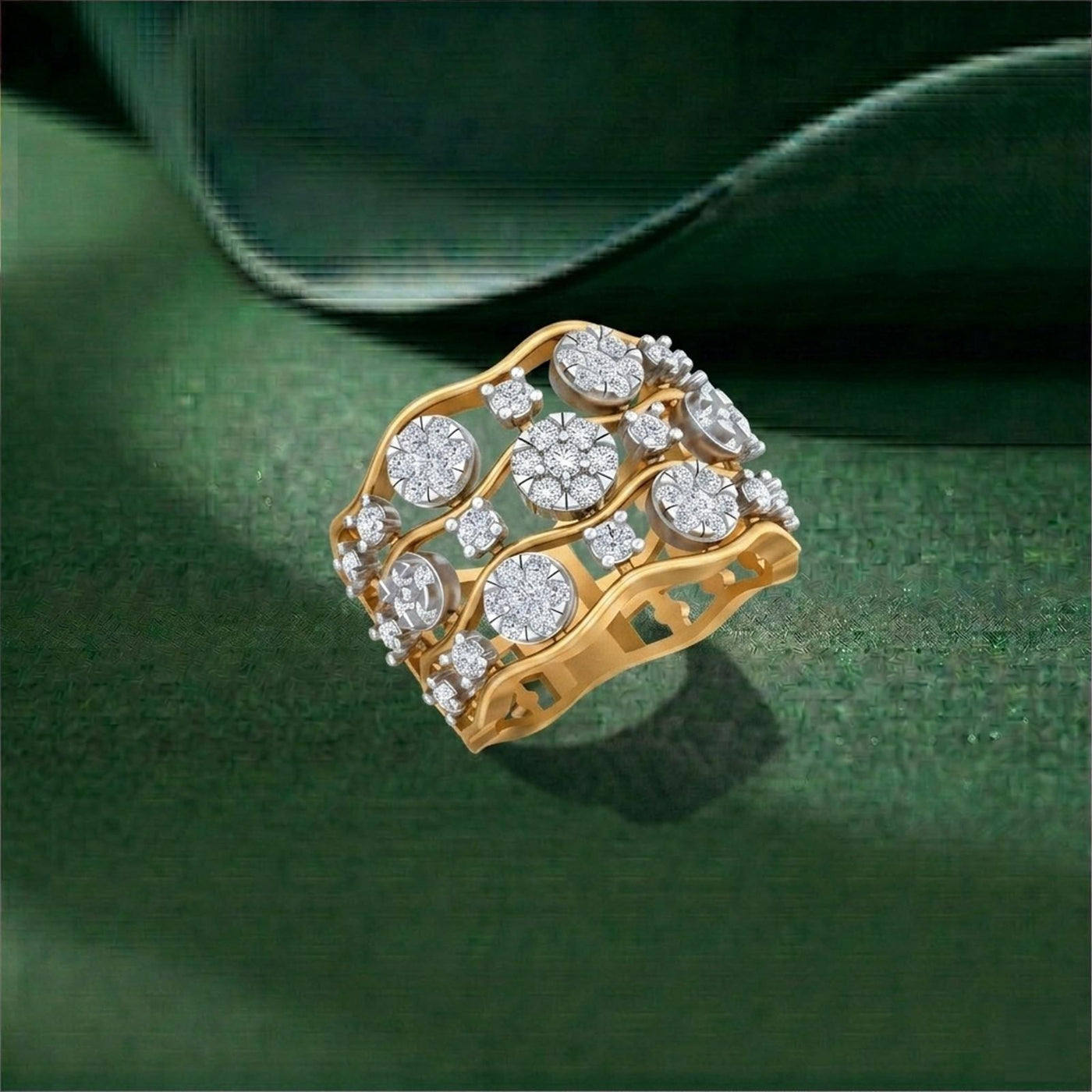 Gold and diamonds cocktail ring on a green background