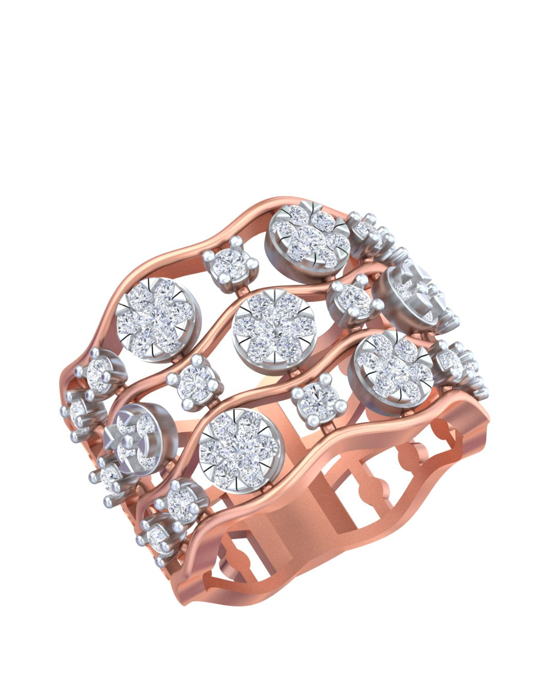 A wide rose gold band ring set with multiple rows of round, shown on a plain white background.
