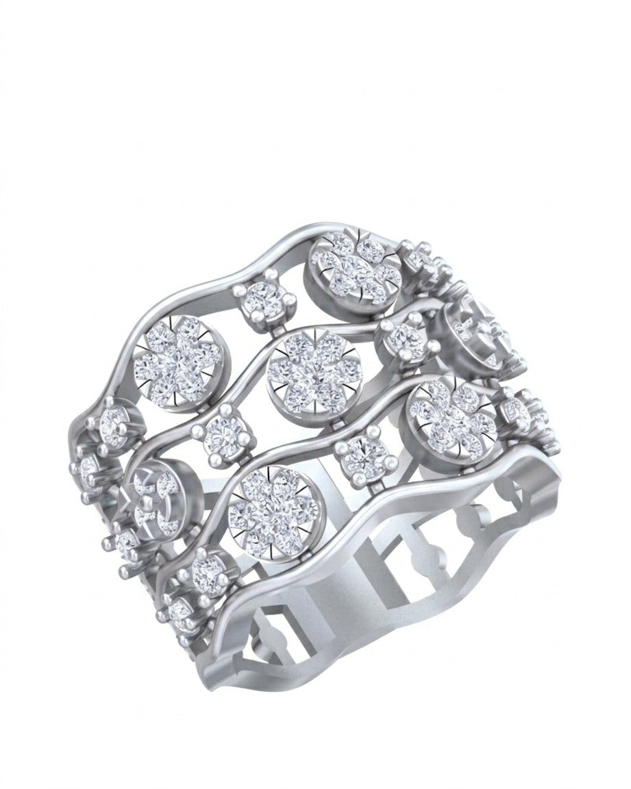 A wide white gold band ring set with multiple rows of round, shown on a plain white background.
