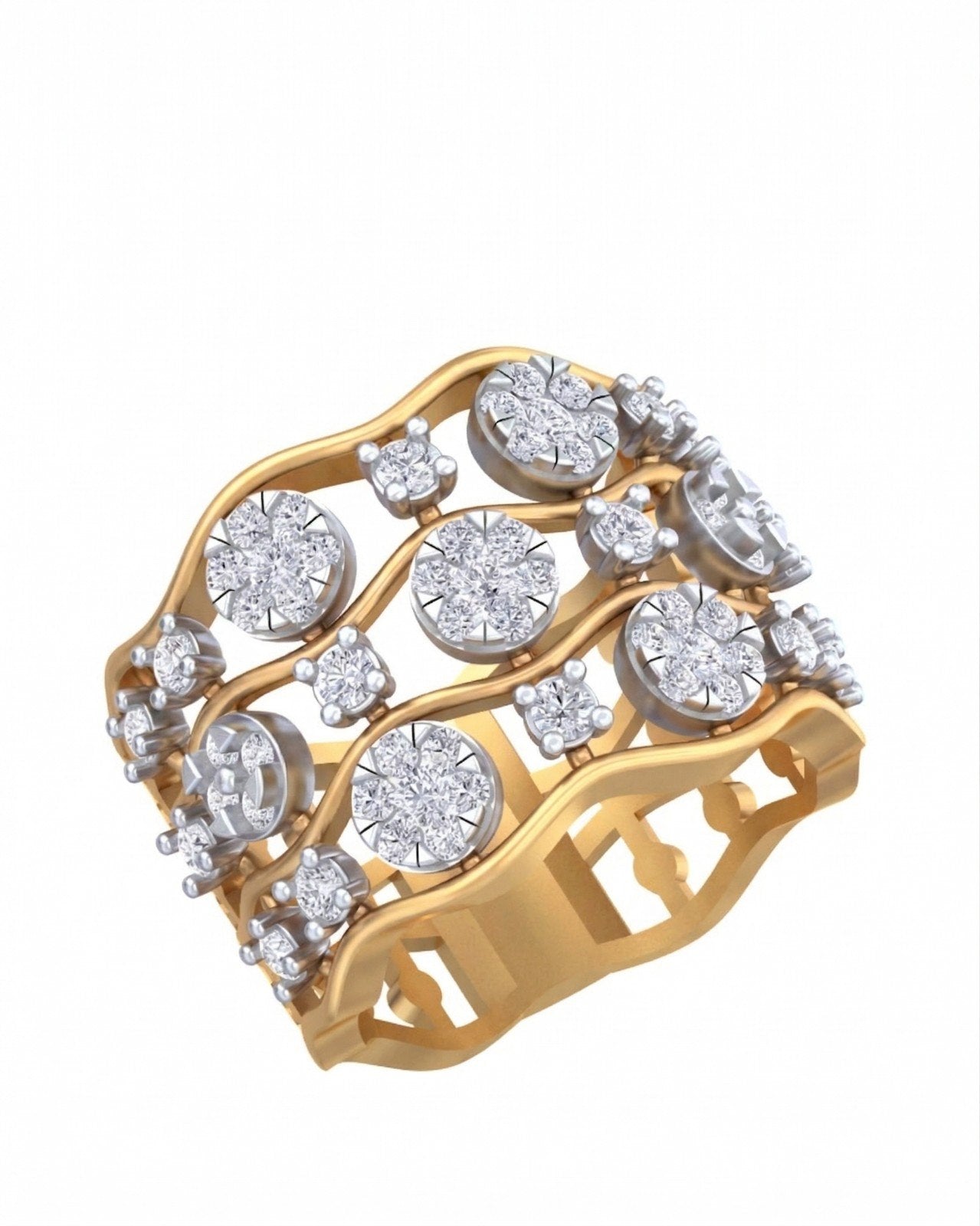 A wide yellow gold band ring set with multiple rows of round, shown on a plain white background.