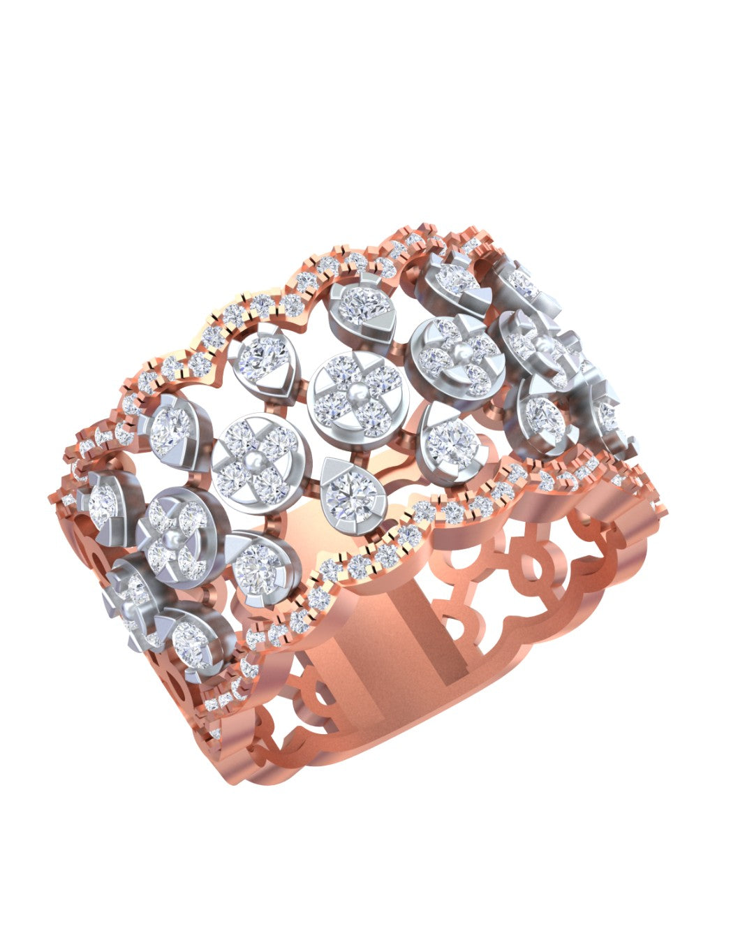 Rose gold and diamond with cocktail ring on a white background.